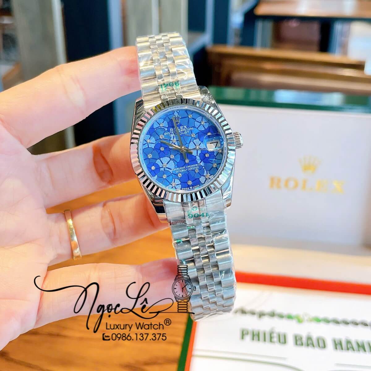 Đồng Hồ Nữ Rolex Datejust Máy Cơ Tự Động Dây Bạc Mặt Xanh Dương Niềng Khía Size 31mm - Mặt Cỏ 4 Lá