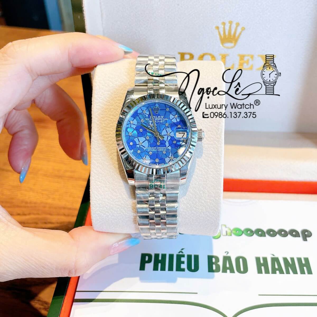 Đồng Hồ Nữ Rolex Datejust Máy Cơ Tự Động Dây Bạc Mặt Xanh Dương Niềng Khía Size 31mm - Mặt Cỏ 4 Lá