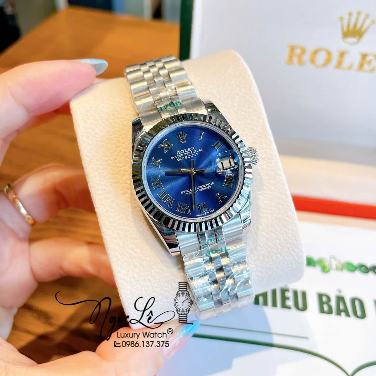 Đồng Hồ Nữ Rolex Datejust Máy Cơ Tự Động Dây Bạc Mặt Xanh Dương Size 31mm - Mặt Số La Mã