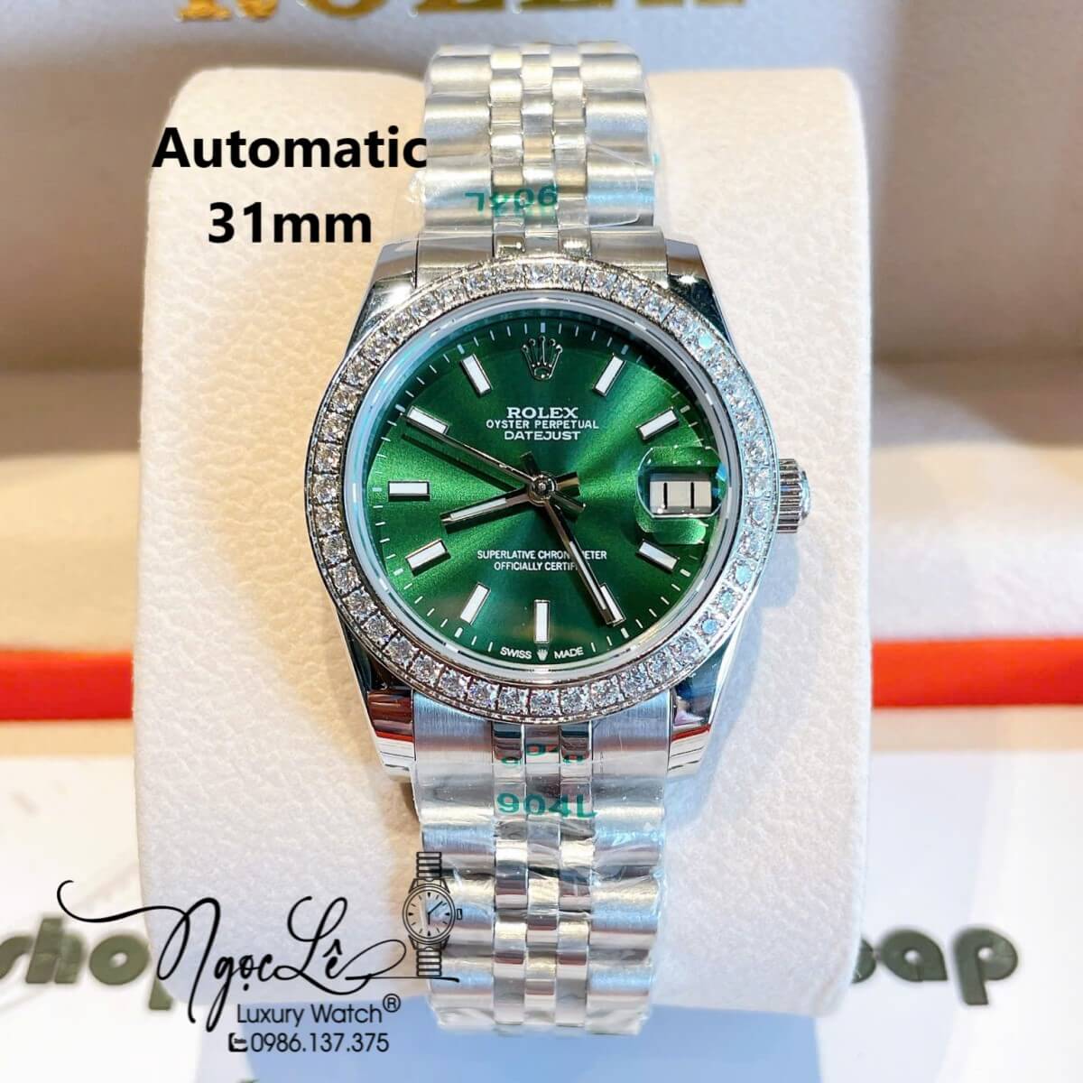 Đồng Hồ Nữ Rolex Datejust Máy Cơ Tự Động Dây Bạc Mặt Xanh Lá Đính Đá Size 31mm
