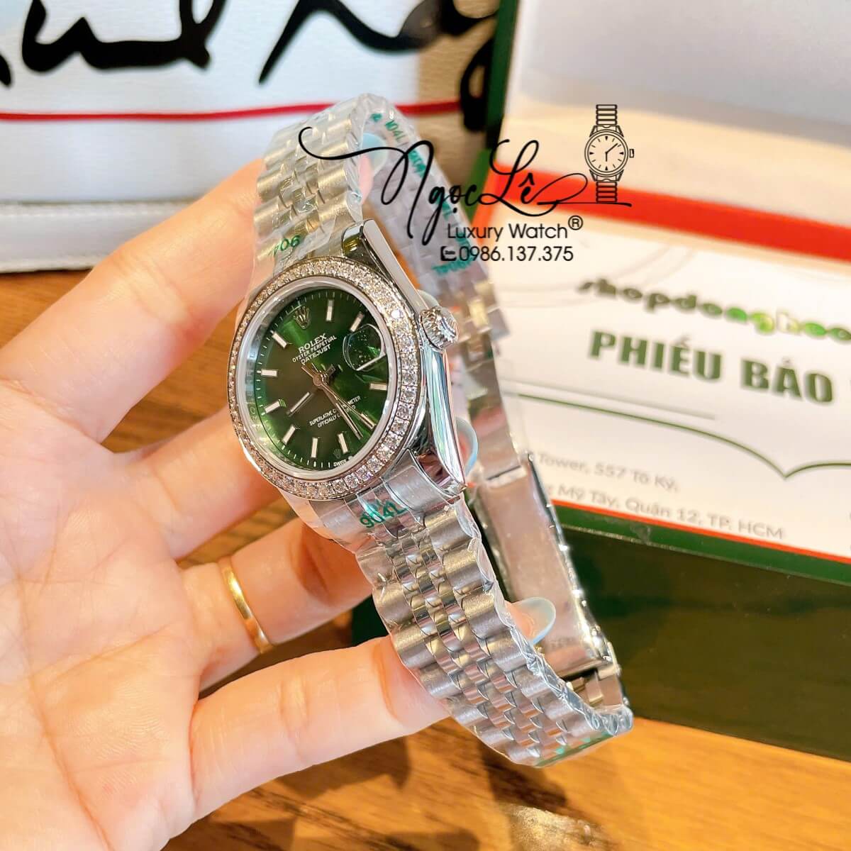 Đồng Hồ Nữ Rolex Datejust Máy Cơ Tự Động Dây Bạc Mặt Xanh Lá Đính Đá Size 31mm - Mặt Số La Mã
