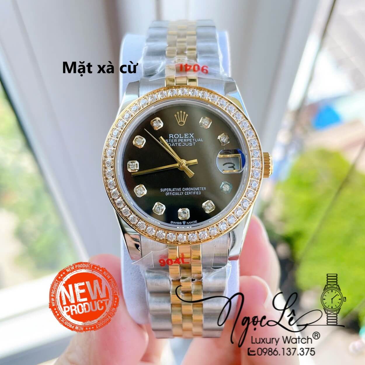 Đồng Hồ Nữ Rolex Datejust Máy Cơ Tự Động Dây Kim Loại Demi Gold Mặt Đen Ánh Xà Cừ Đính Đá Size 31mm