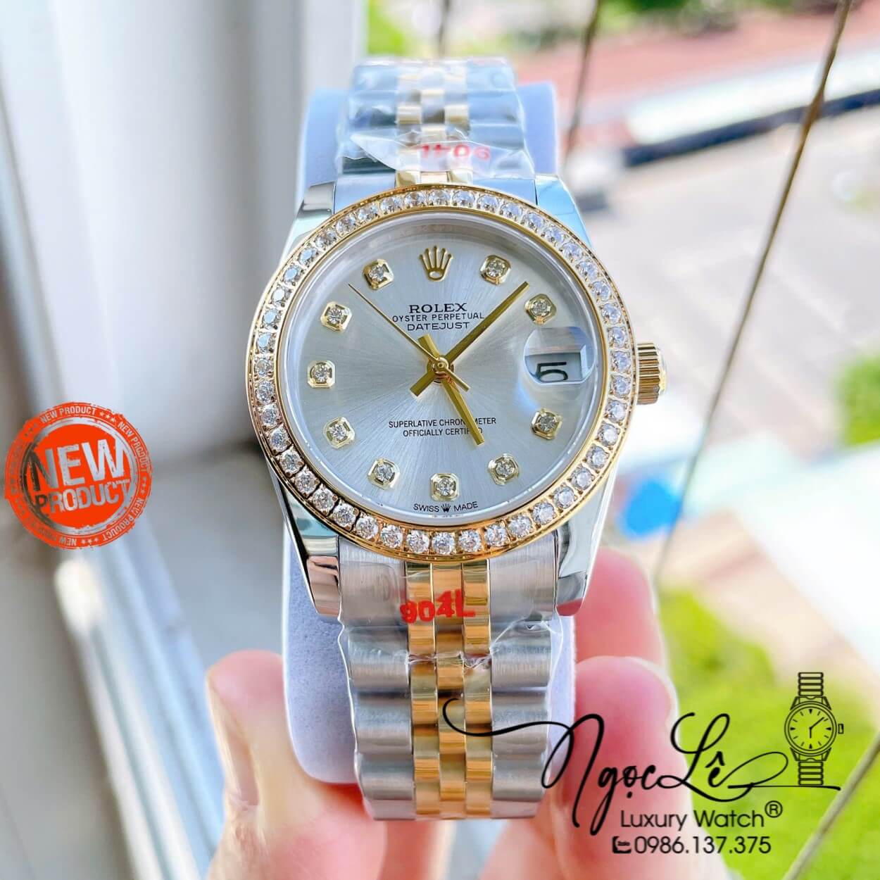 Đồng Hồ Nữ Rolex Datejust Máy Cơ Tự Động Dây Kim Loại Demi Gold Mặt Trắng Đính Đá Size 31mm