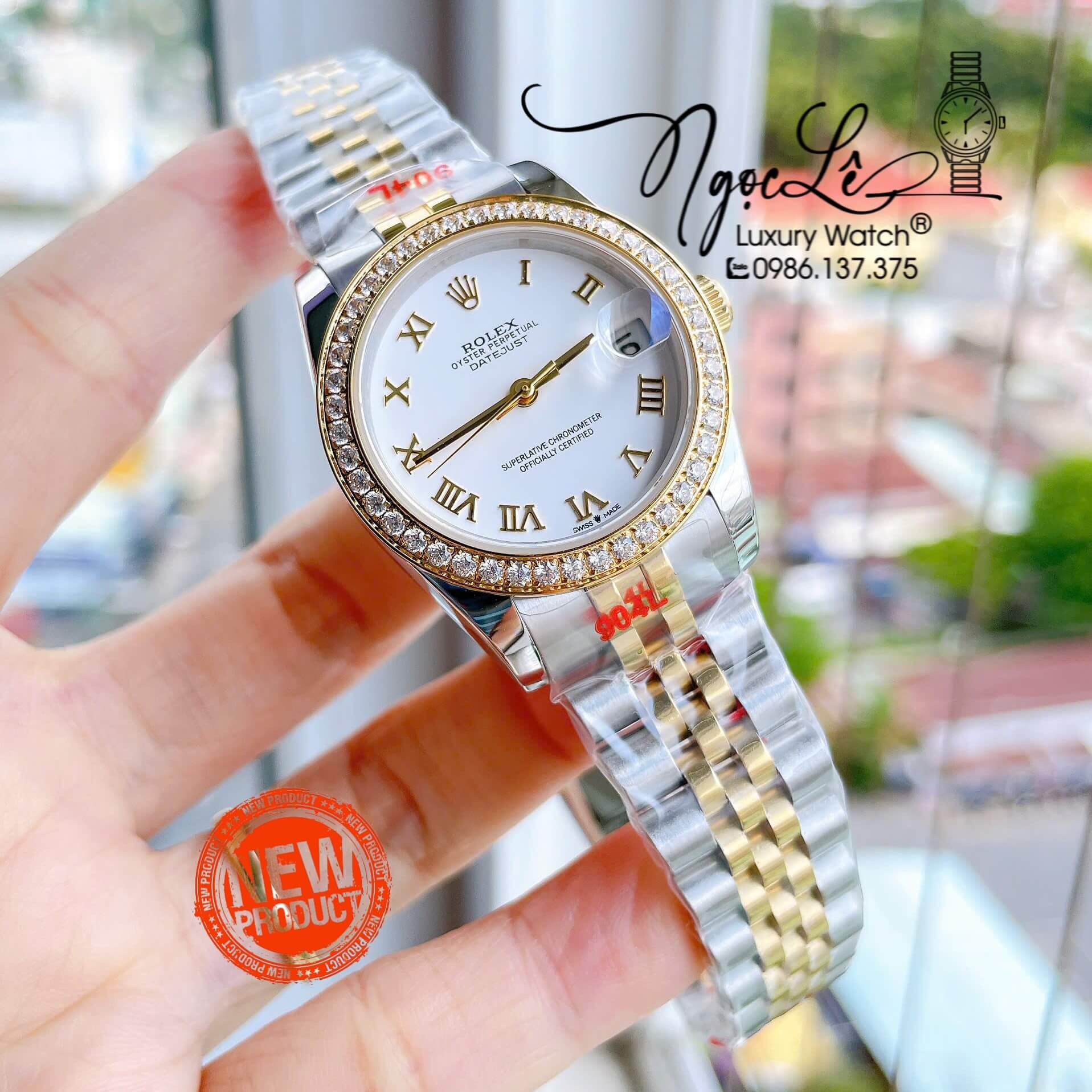 Đồng Hồ Nữ Rolex Datejust Máy Cơ Tự Động Dây Kim Loại Demi Gold Mặt Trắng Niềng Đá Size 31mm