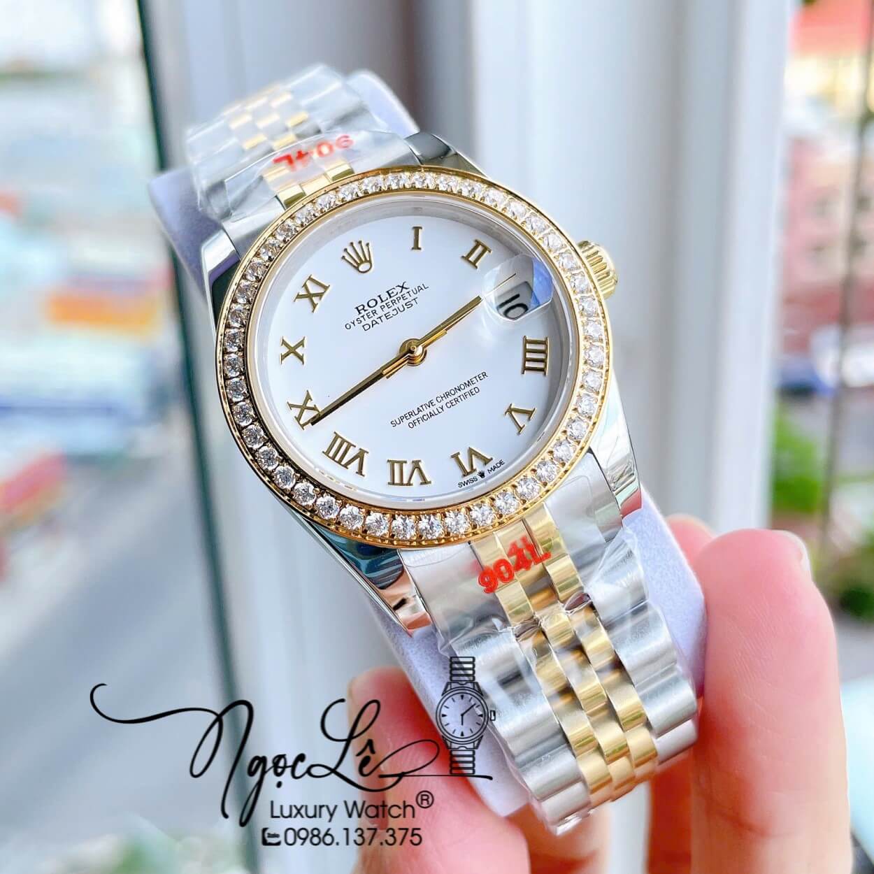 Đồng Hồ Nữ Rolex Datejust Máy Cơ Tự Động Dây Kim Loại Demi Gold Mặt Trắng Niềng Đá Size 31mm