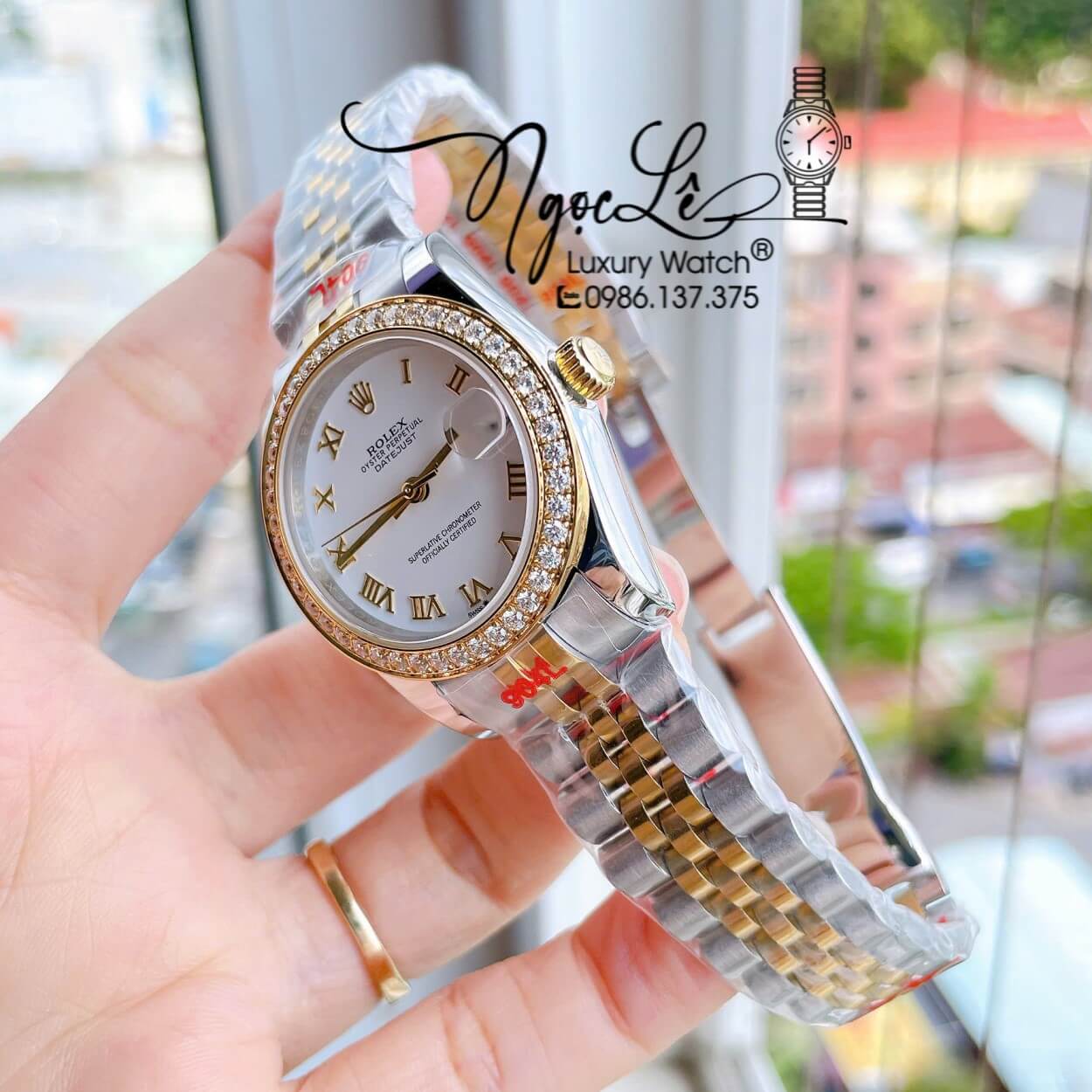 Đồng Hồ Nữ Rolex Datejust Máy Cơ Tự Động Dây Kim Loại Demi Gold Mặt Trắng Niềng Đá Size 31mm