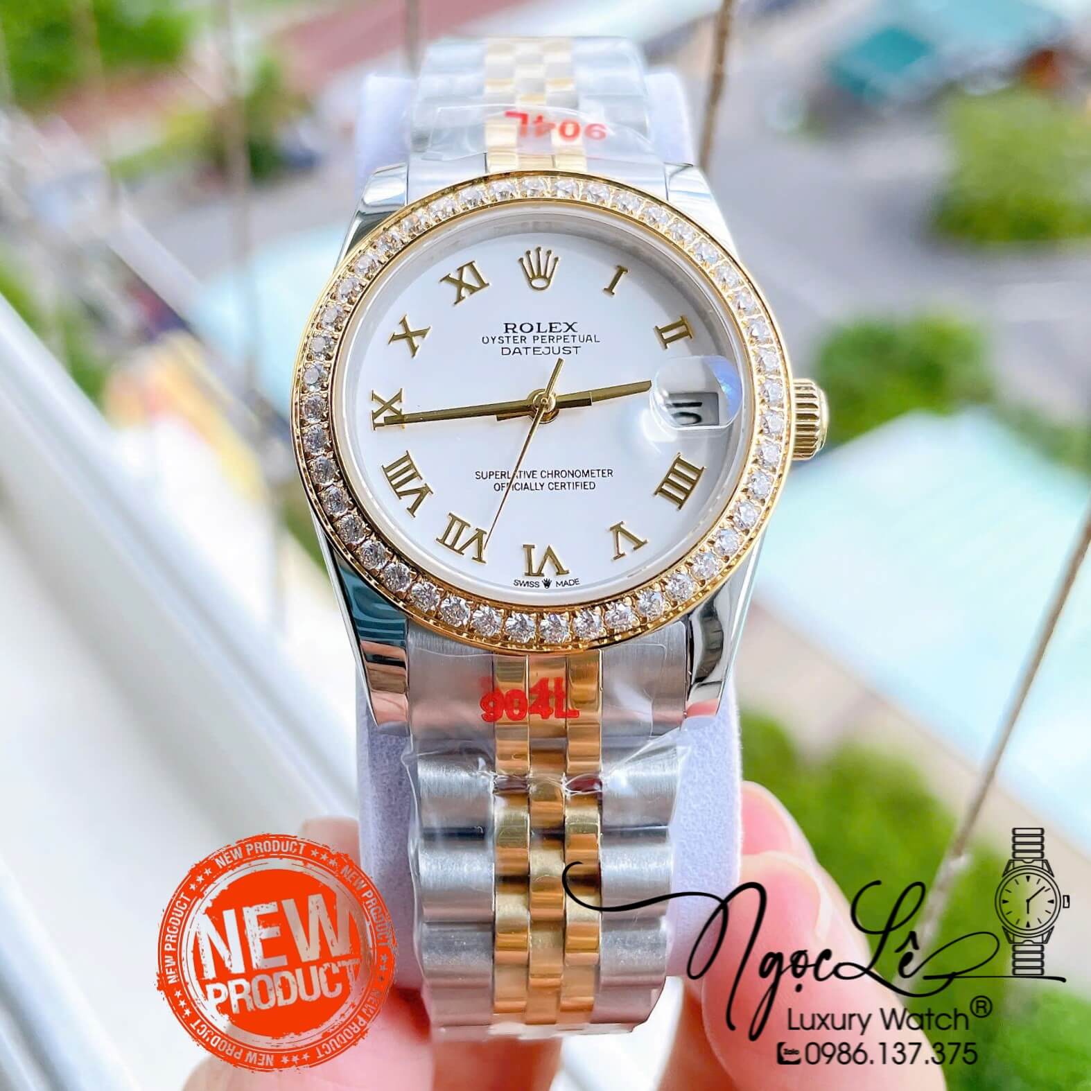 Đồng Hồ Nữ Rolex Datejust Máy Cơ Tự Động Dây Kim Loại Demi Gold Mặt Trắng Niềng Đá Size 31mm