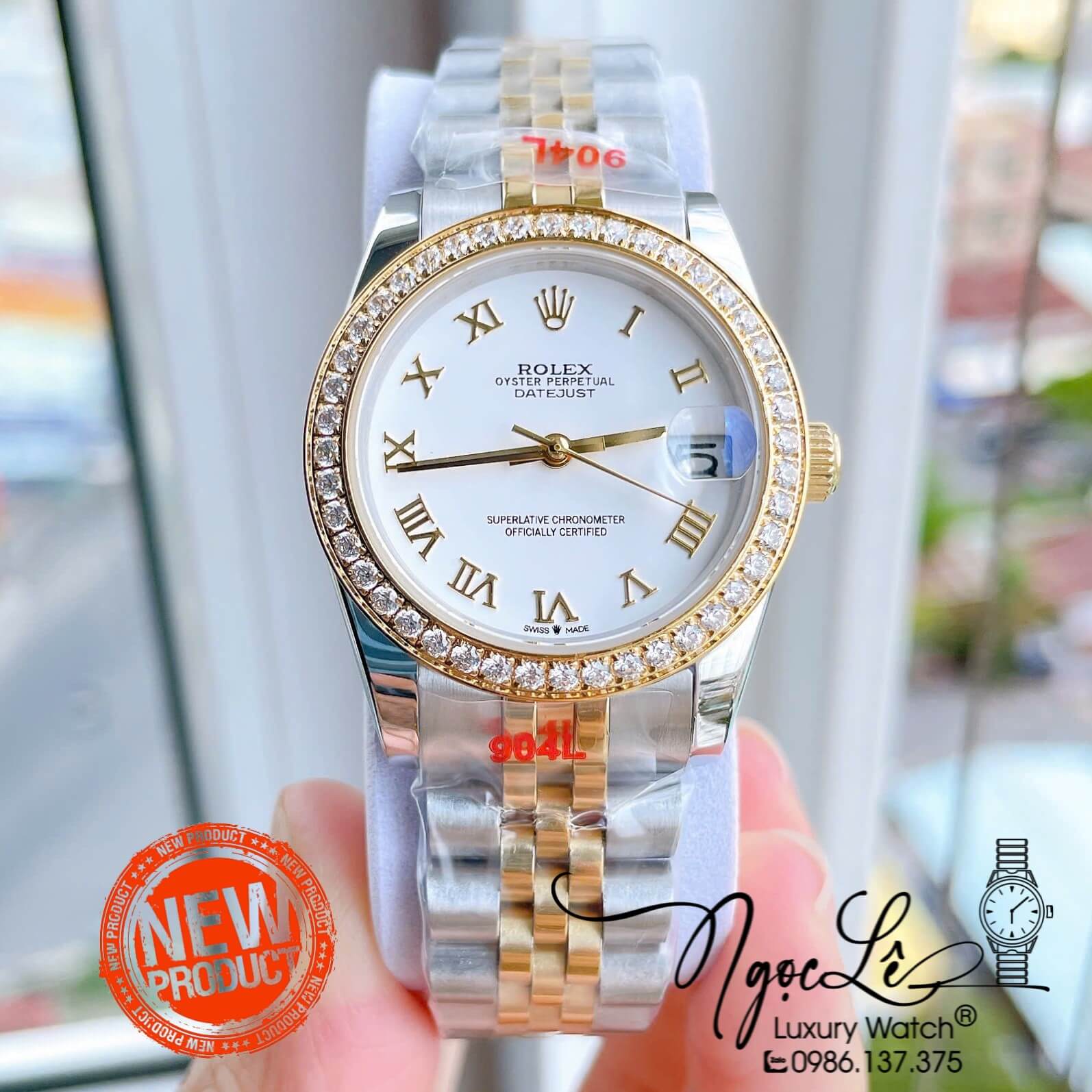 Đồng Hồ Nữ Rolex Datejust Máy Cơ Tự Động Dây Kim Loại Demi Gold Mặt Trắng Niềng Đá Size 31mm