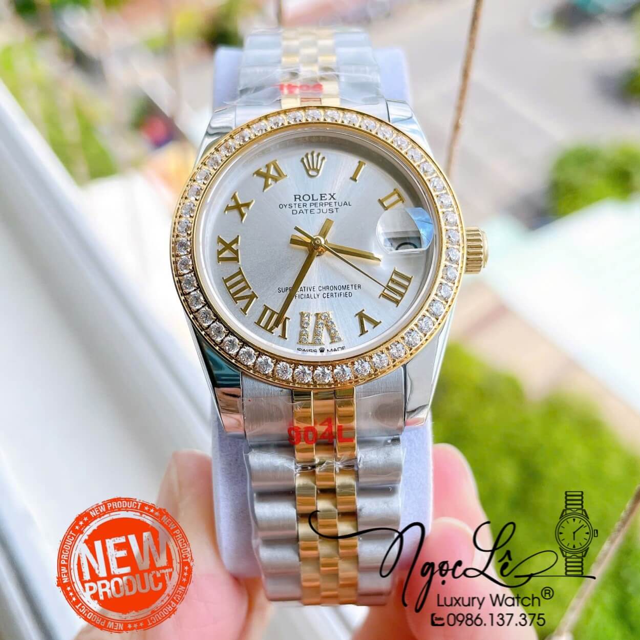 Đồng Hồ Nữ Rolex Datejust Máy Cơ Tự Động Dây Kim Loại Demi Gold Mặt Trắng Niềng Đá Size 31mm