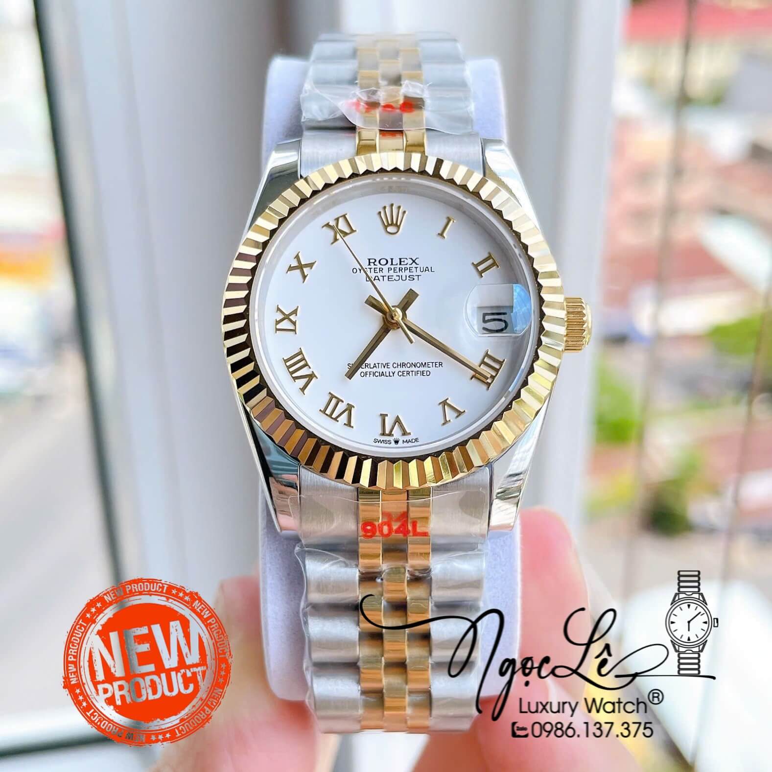 Đồng Hồ Nữ Rolex Datejust Máy Cơ Tự Động Dây Kim Loại Demi Gold Mặt Trắng Niềng Khía Size 31mm