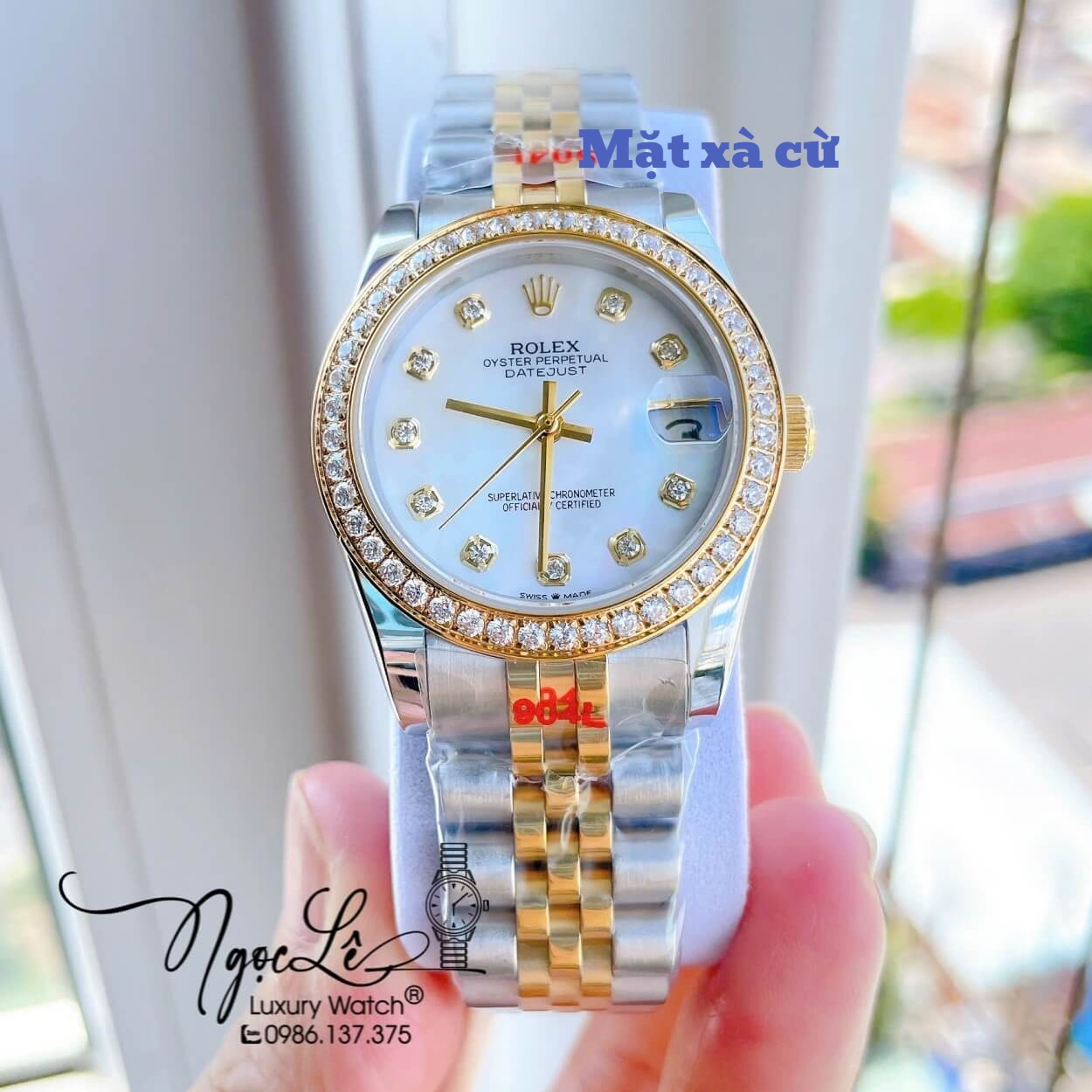 Đồng Hồ Nữ Rolex Datejust Máy Cơ Tự Động Dây Kim Loại Demi Gold Mặt Xà Cừ Đính Đá Size 31mm
