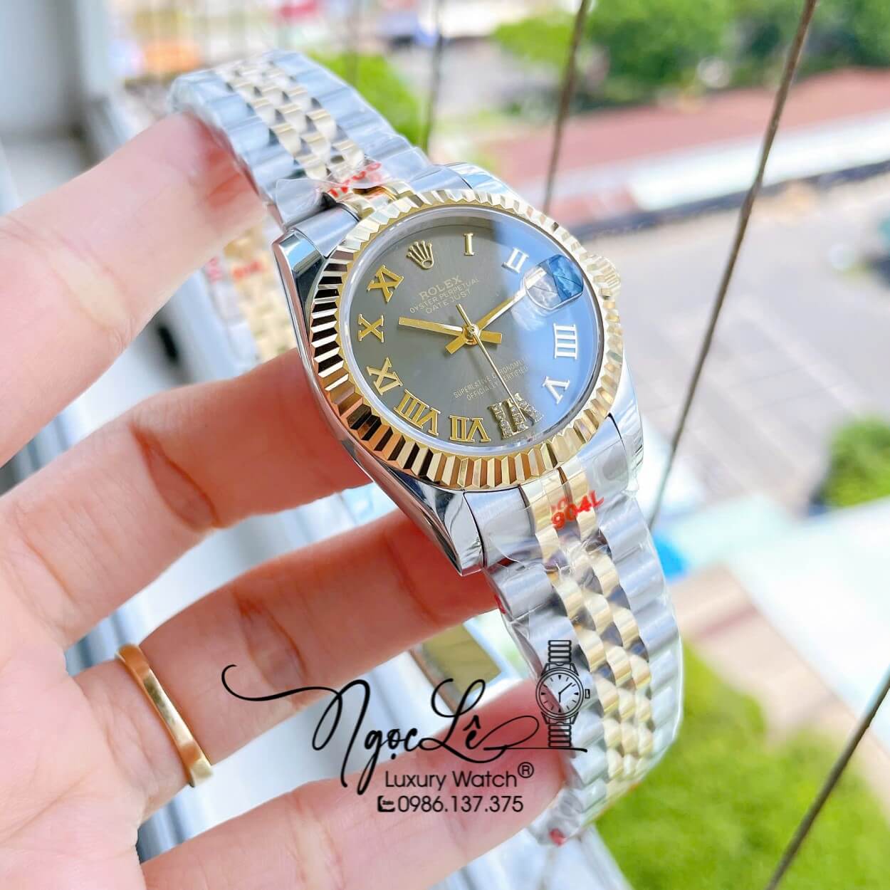 Đồng Hồ Nữ Rolex Datejust Máy Cơ Tự Động Dây Kim Loại Demi Gold Mặt Xám Đen Niềng Khía Size 31mm