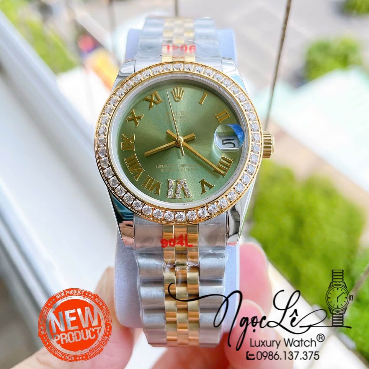 Đồng Hồ Nữ Rolex Datejust Máy Cơ Tự Động Dây Kim Loại Demi Gold Mặt Xanh Bơ Niềng Đá Size 31mm