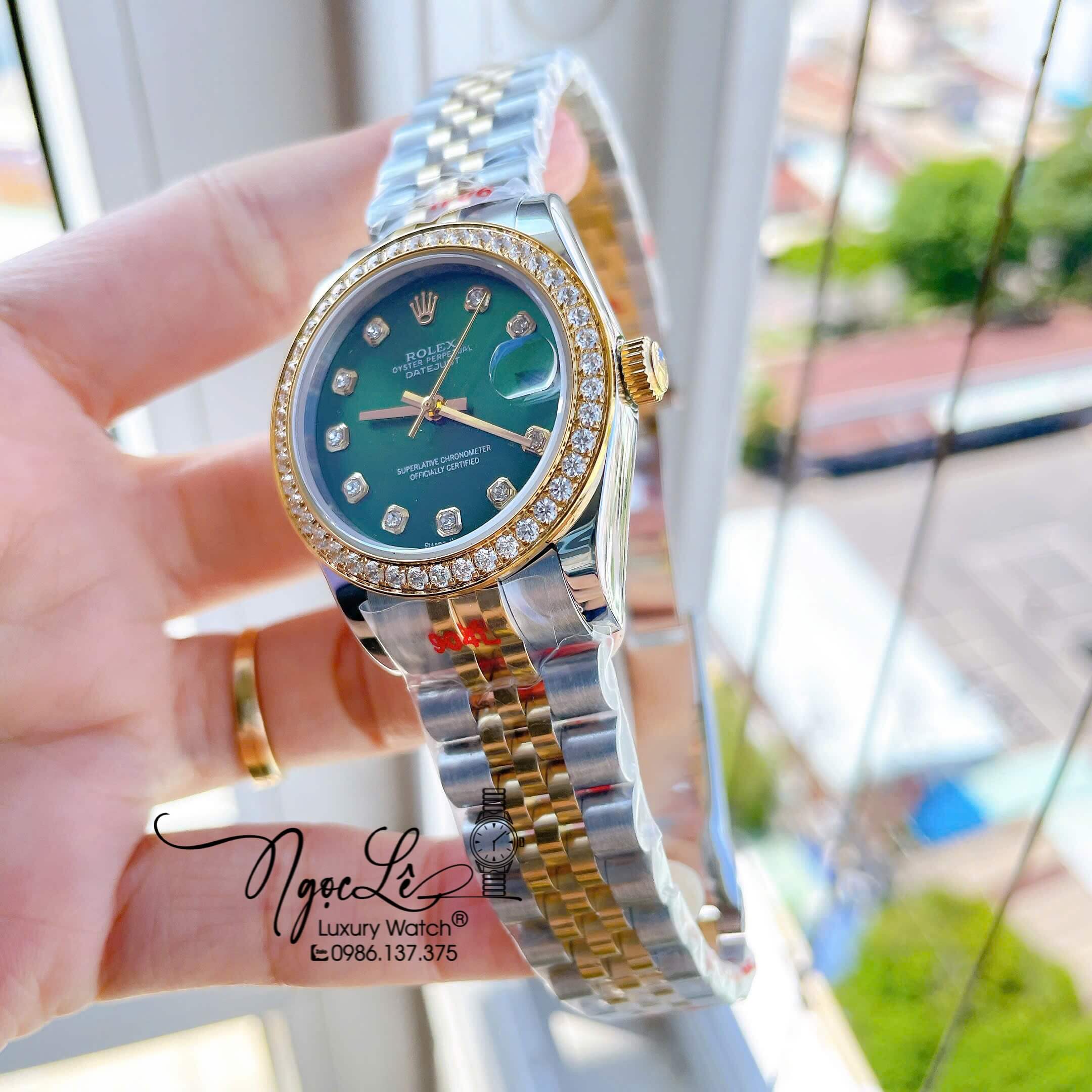 Đồng Hồ Nữ Rolex Datejust Máy Cơ Tự Động Dây Kim Loại Demi Gold Mặt Xanh Lá Đính Đá Size 31mm