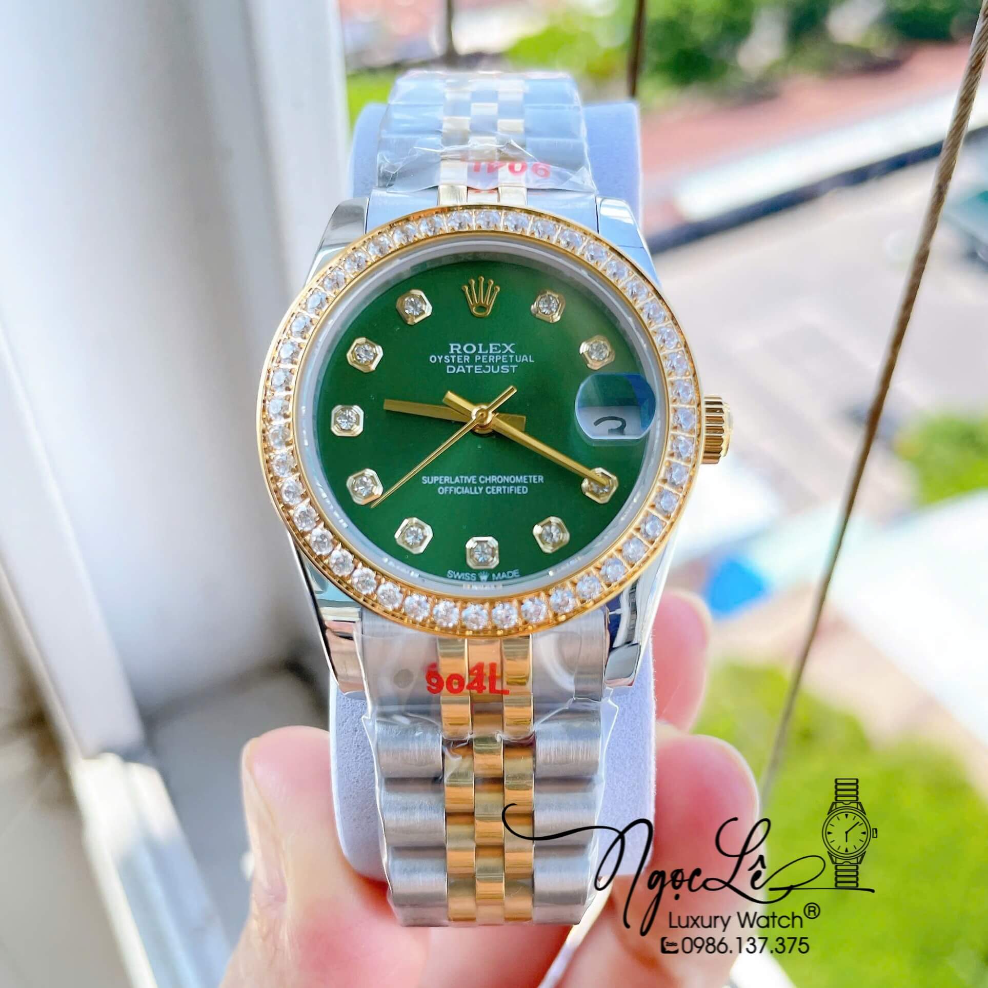 Đồng Hồ Nữ Rolex Datejust Máy Cơ Tự Động Dây Kim Loại Demi Gold Mặt Xanh Lá Đính Đá Size 31mm