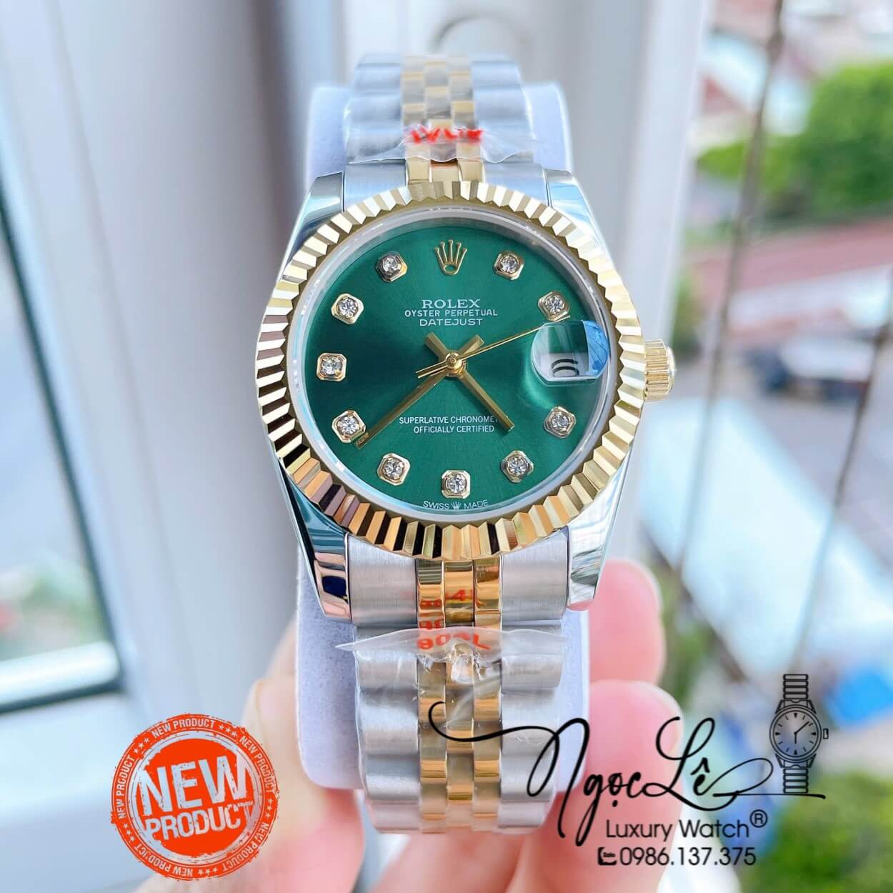 Đồng Hồ Nữ Rolex Datejust Máy Cơ Tự Động Dây Kim Loại Demi Gold Mặt Xanh Lá Niềng Khía Size 31mm