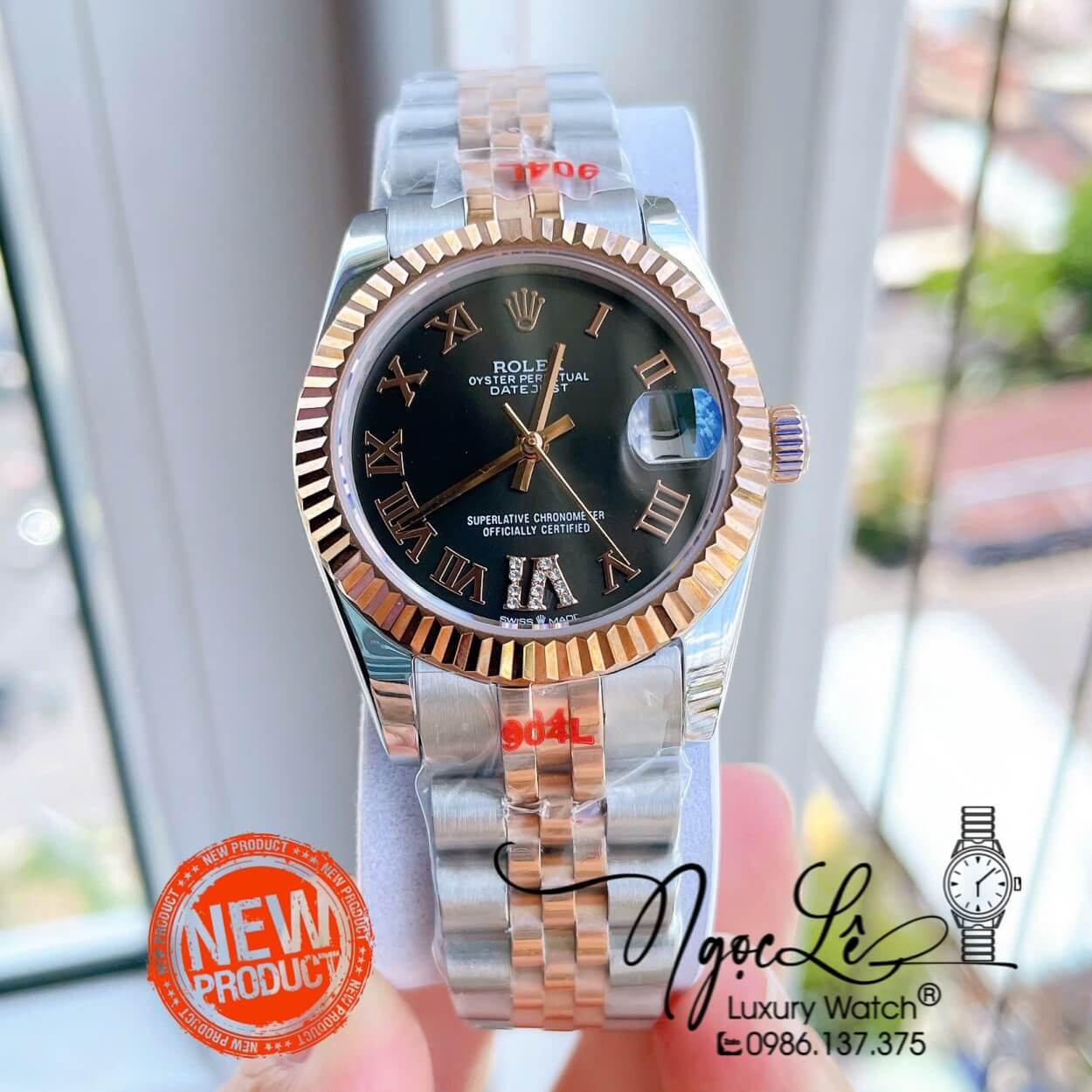 Đồng Hồ Nữ Rolex Datejust Máy Cơ Tự Động Dây Kim Loại Demi Rose Gold Mặt Đen Niềng Khía Size 31mm