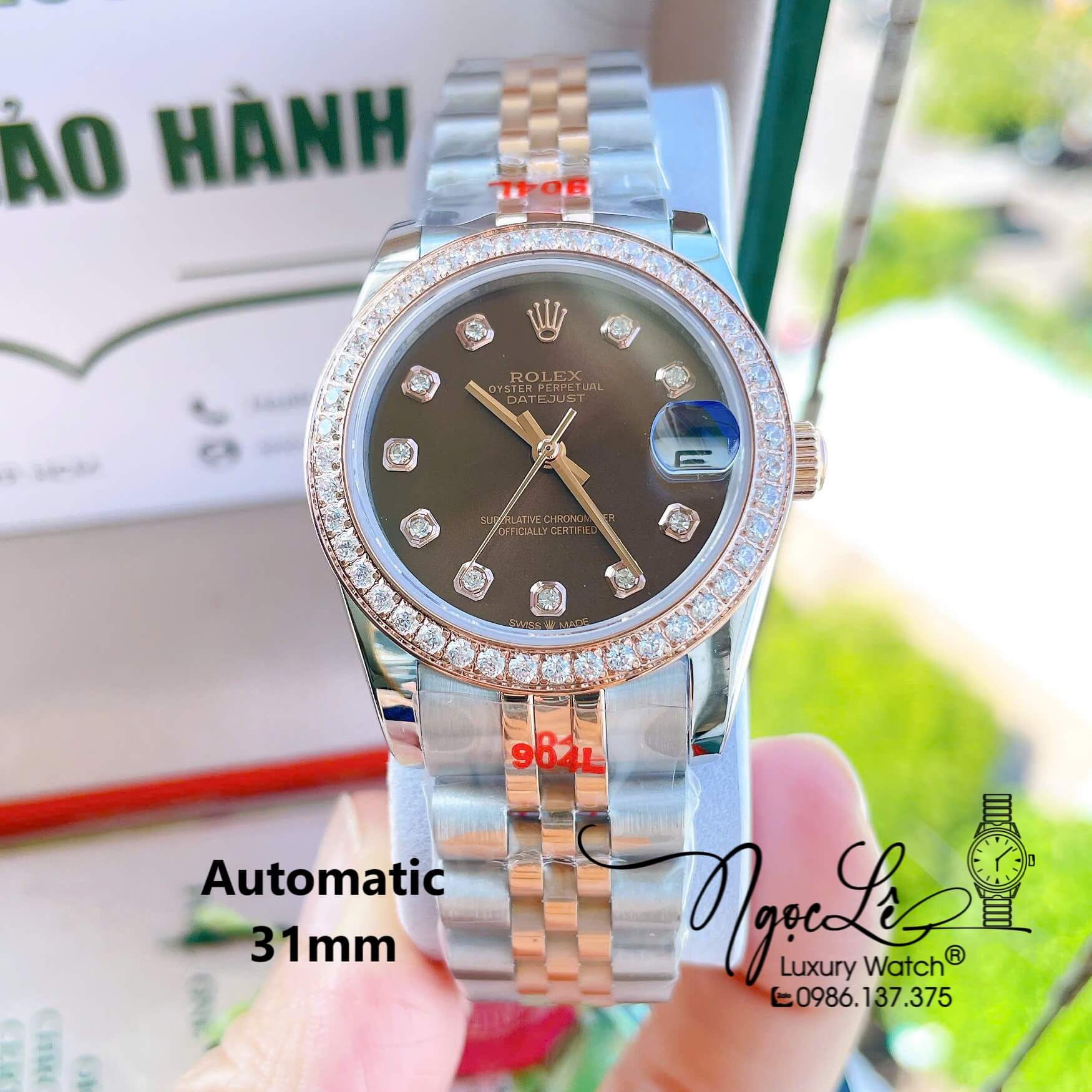 Đồng Hồ Nữ Rolex Datejust Máy Cơ Tự Động Dây Kim Loại Demi Rose Gold Mặt Nâu Đính Đá Size 31mm