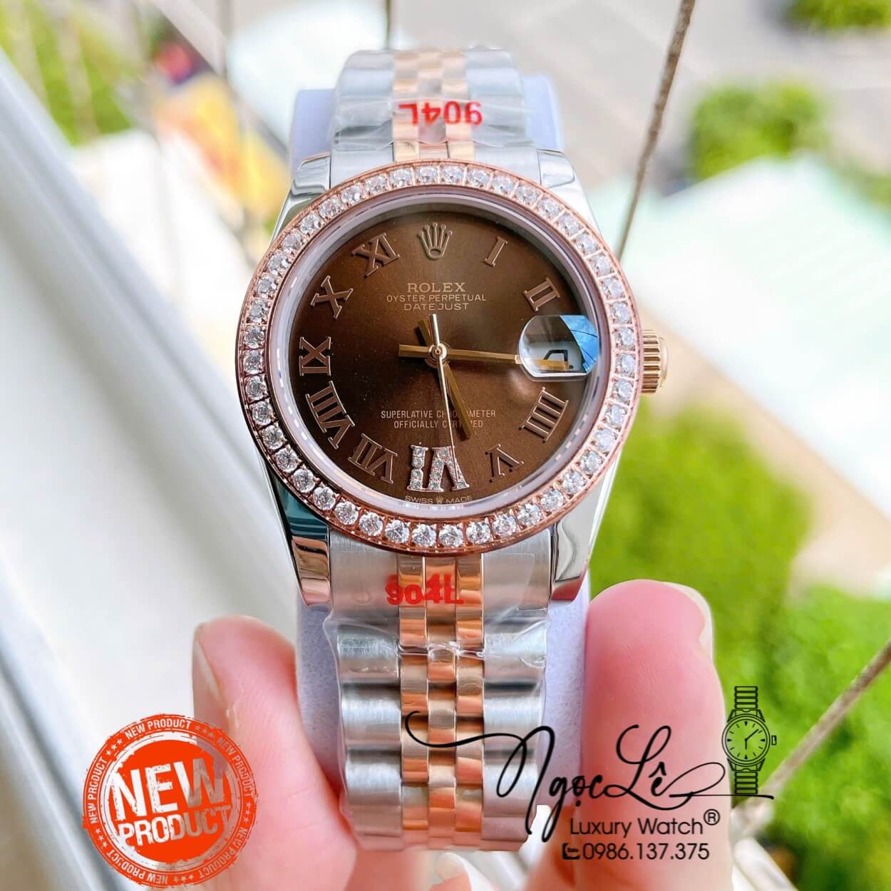 Đồng Hồ Nữ Rolex Datejust Máy Cơ Tự Động Dây Kim Loại Demi Rose Gold Mặt Nâu Niềng Đá Size 31mm