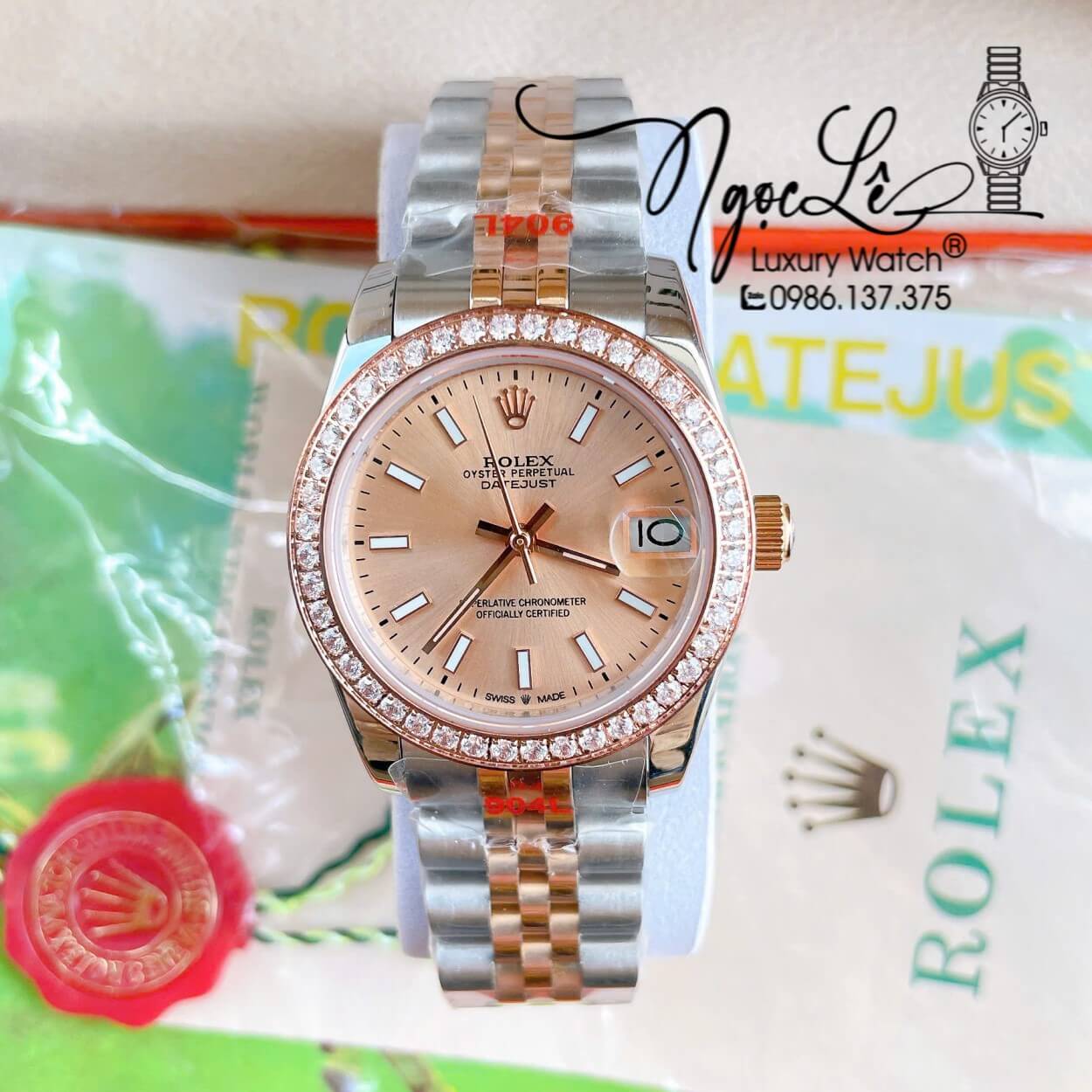 Đồng Hồ Nữ Rolex Datejust Máy Cơ Tự Động Dây Kim Loại Demi Rose Gold Mặt Rose Niềng Đá Size 31mm