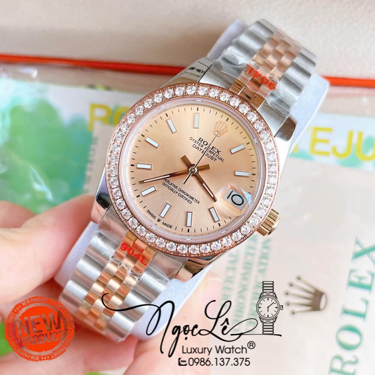Đồng Hồ Nữ Rolex Datejust Máy Cơ Tự Động Dây Kim Loại Demi Rose Gold Mặt Rose Niềng Đá Size 31mm