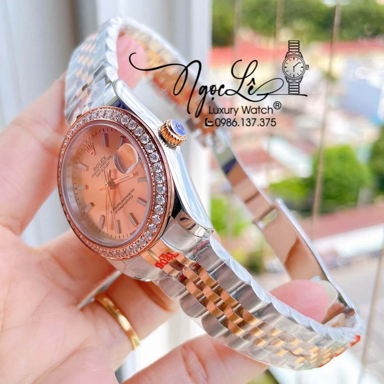 Đồng Hồ Nữ Rolex Datejust Máy Cơ Tự Động Dây Kim Loại Demi Rose Gold Mặt Rose Niềng Đá Size 31mm