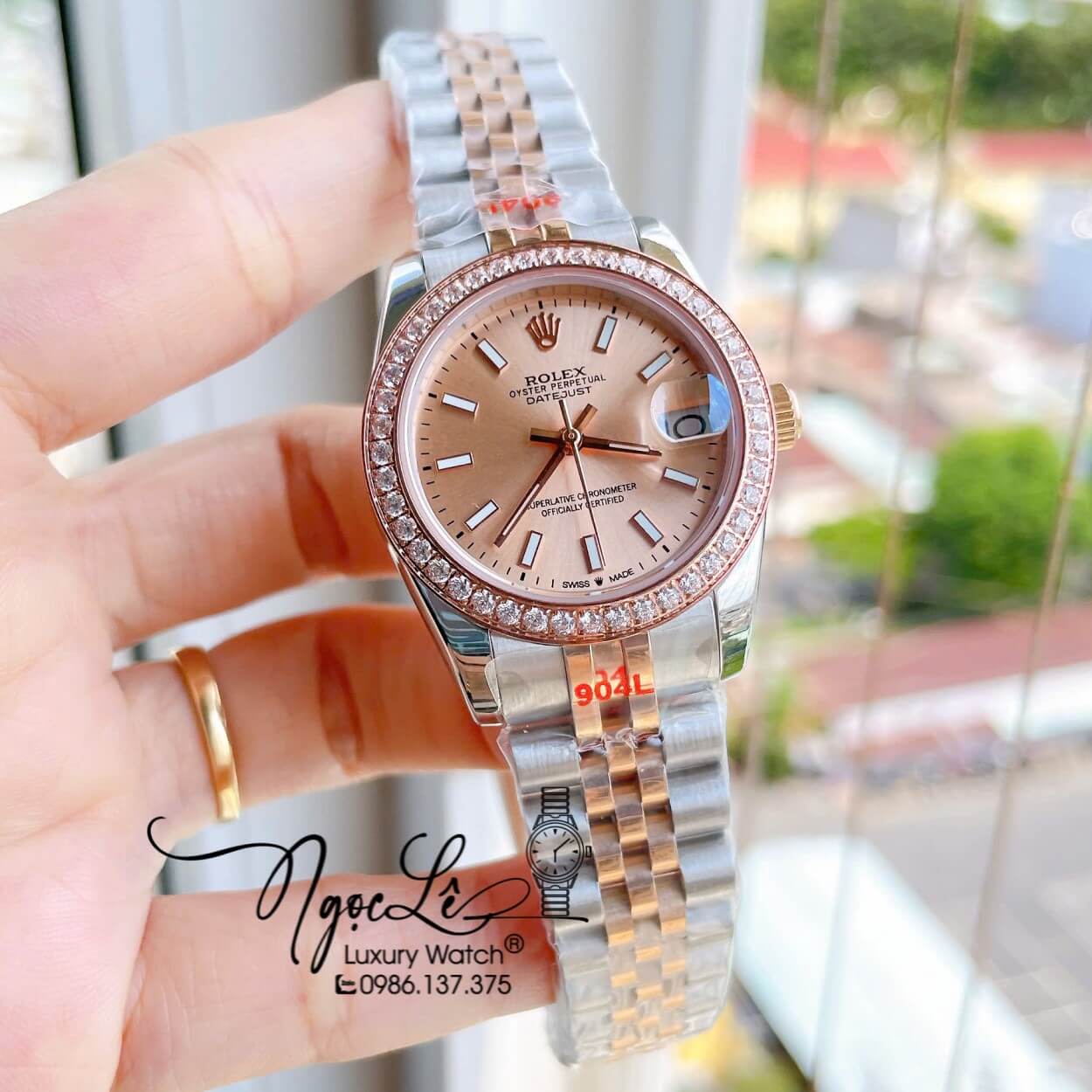 Đồng Hồ Nữ Rolex Datejust Máy Cơ Tự Động Dây Kim Loại Demi Rose Gold Mặt Rose Niềng Đá Size 31mm