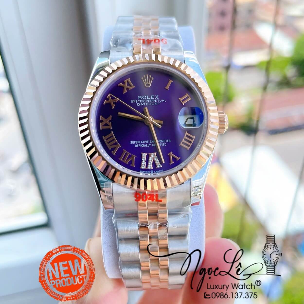 Đồng Hồ Nữ Rolex Datejust Máy Cơ Tự Động Dây Kim Loại Demi Rose Gold Mặt Tím Niềng Khía Size 31mm