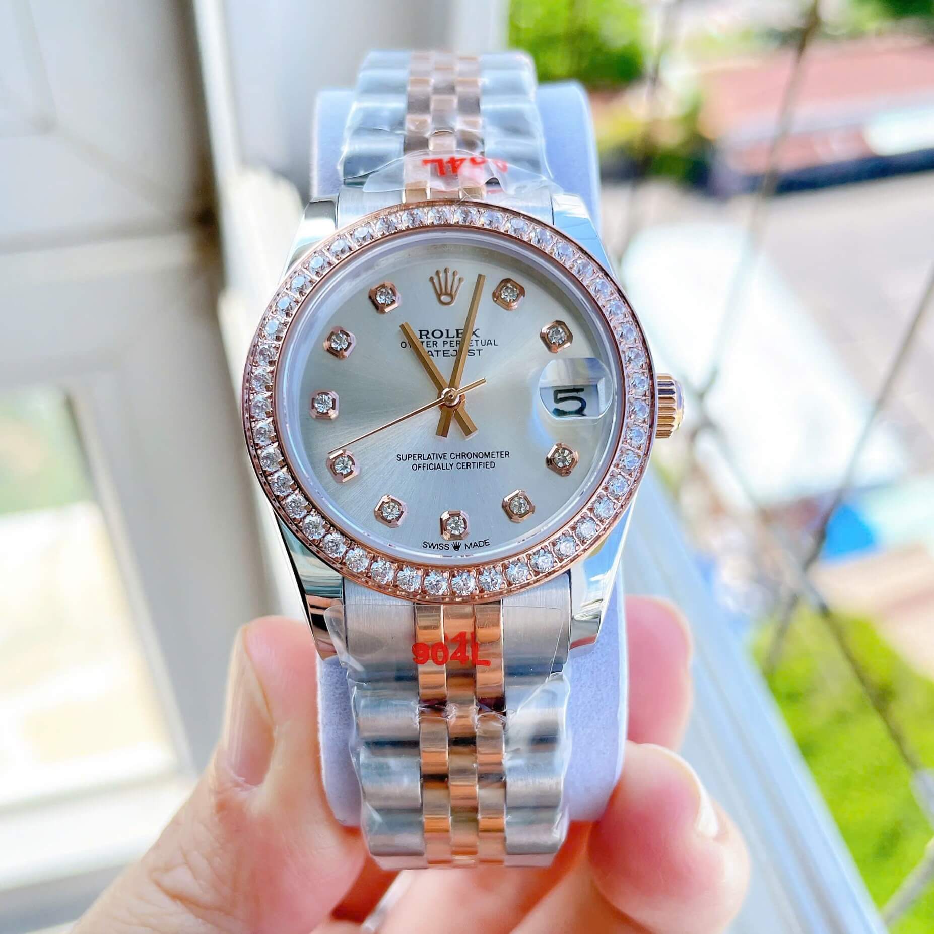 Đồng Hồ Nữ Rolex Datejust Máy Cơ Tự Động Dây Kim Loại Demi Rose Gold Mặt Trắng Đính Đá Size 31mm