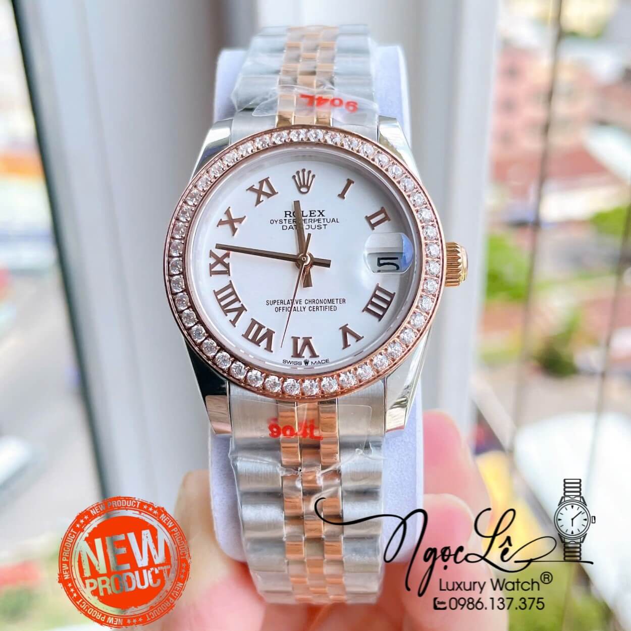 Đồng Hồ Nữ Rolex Datejust Máy Cơ Tự Động Dây Kim Loại Demi Rose Gold Mặt Trắng Niềng Đá Size 31mm
