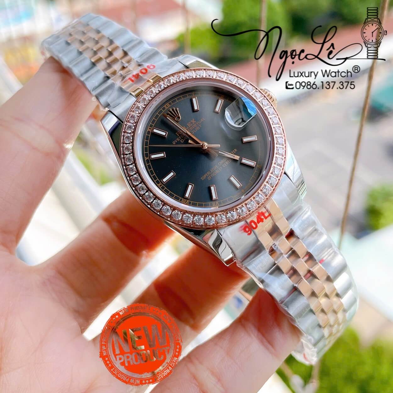 Đồng Hồ Nữ Rolex Datejust Máy Cơ Tự Động Dây Kim Loại Demi Rose Gold Mặt Xám Niềng Đá Size 31mm