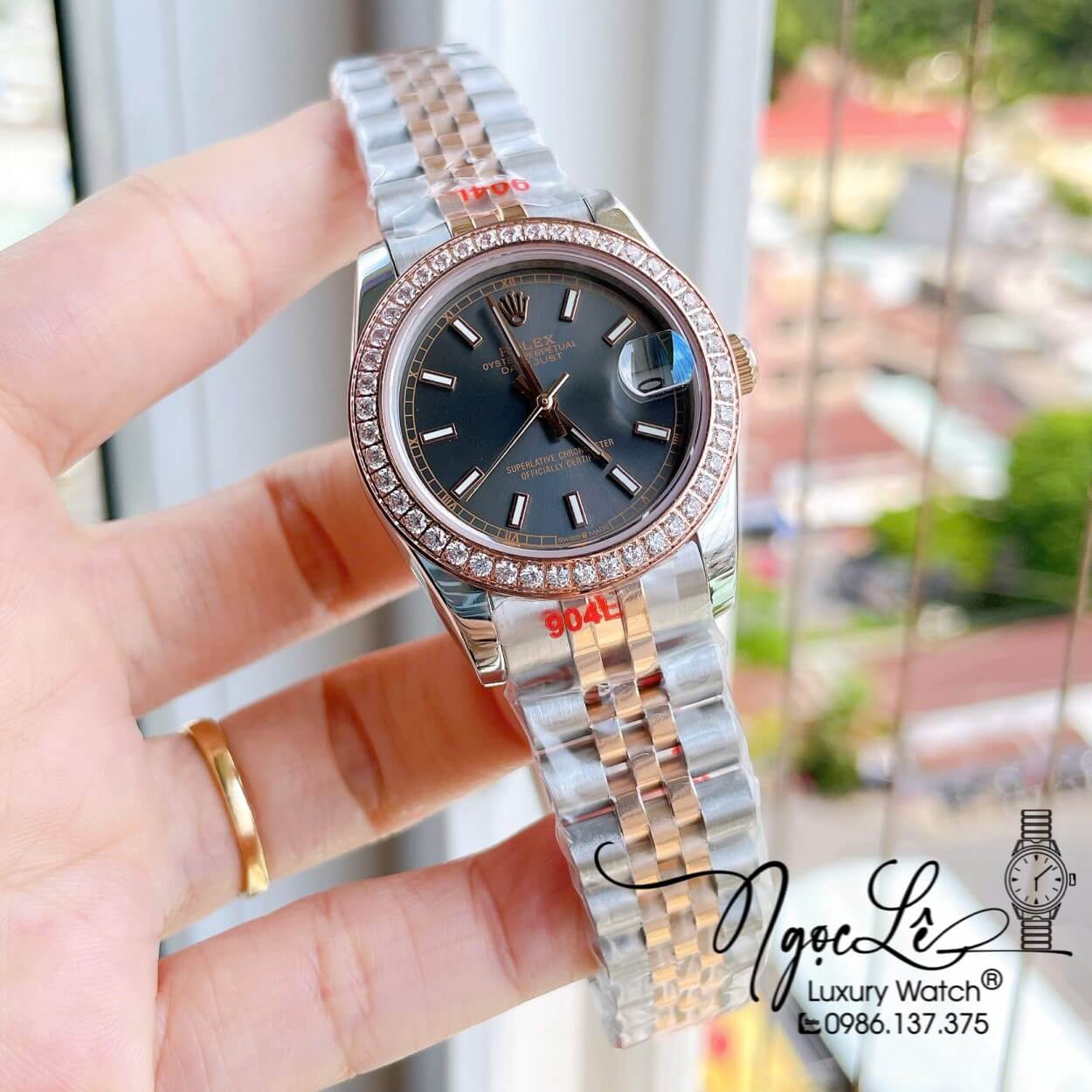 Đồng Hồ Nữ Rolex Datejust Máy Cơ Tự Động Dây Kim Loại Demi Rose Gold Mặt Xám Niềng Đá Size 31mm