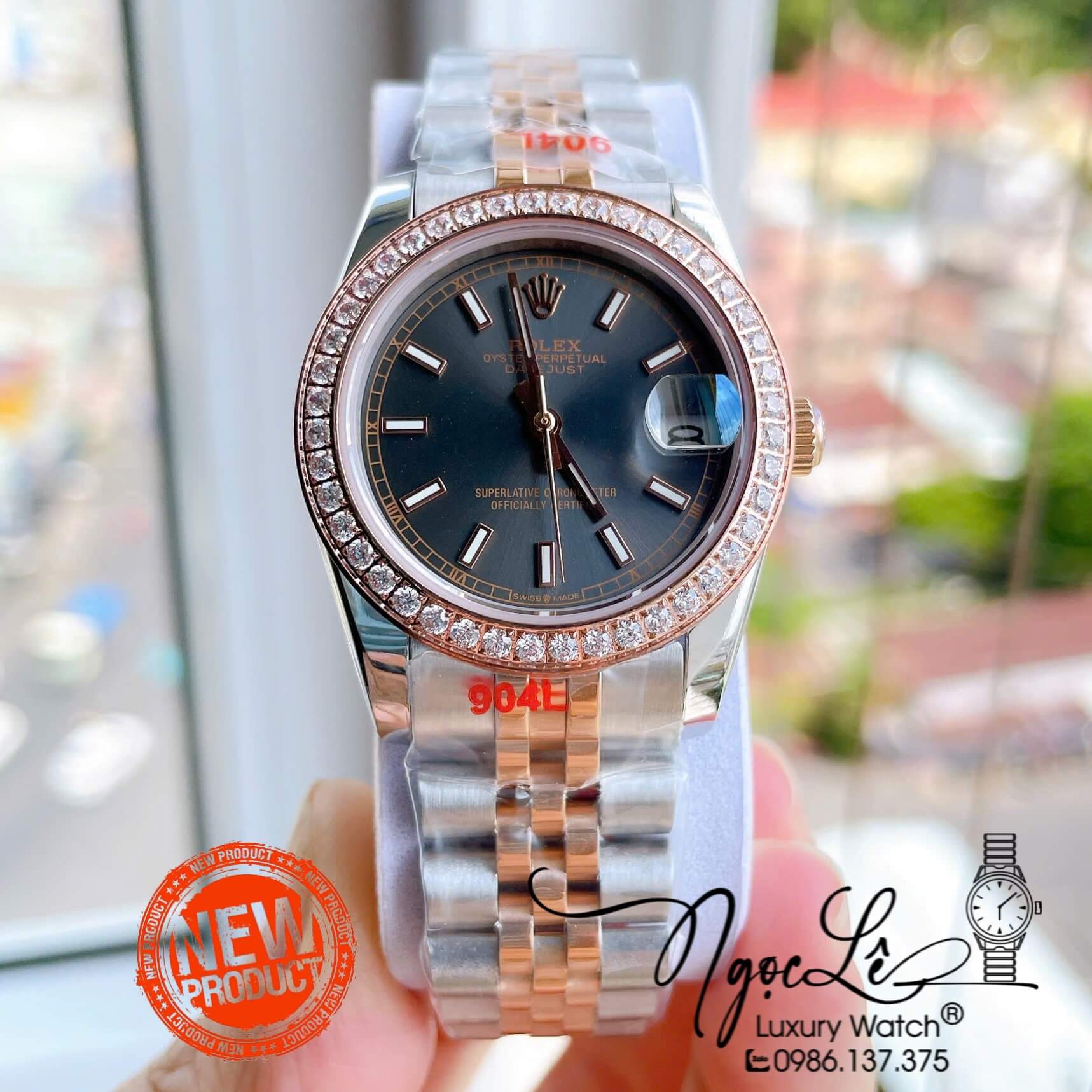 Đồng Hồ Nữ Rolex Datejust Máy Cơ Tự Động Dây Kim Loại Demi Rose Gold Mặt Xám Niềng Đá Size 31mm
