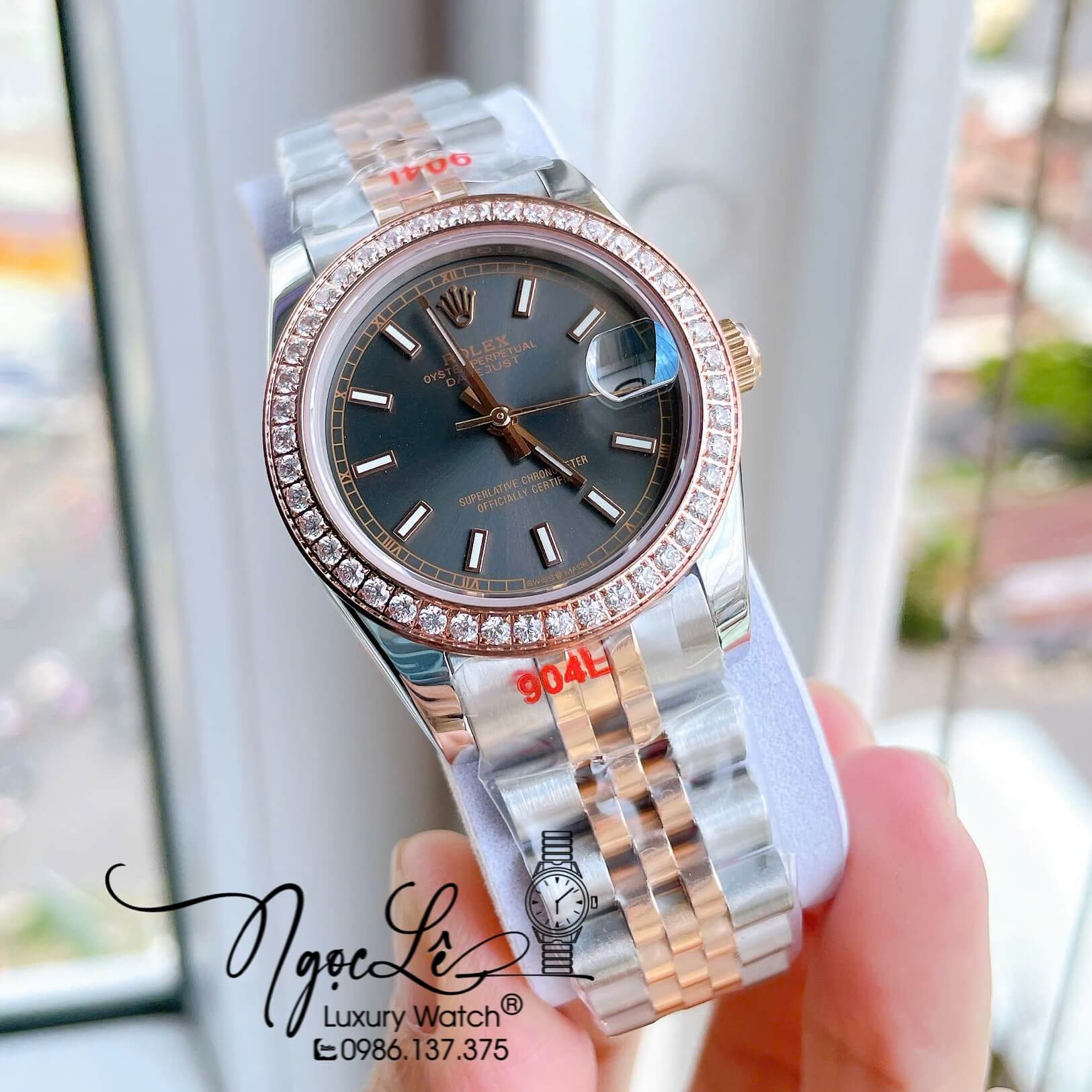 Đồng Hồ Nữ Rolex Datejust Máy Cơ Tự Động Dây Kim Loại Demi Rose Gold Mặt Xám Niềng Đá Size 31mm