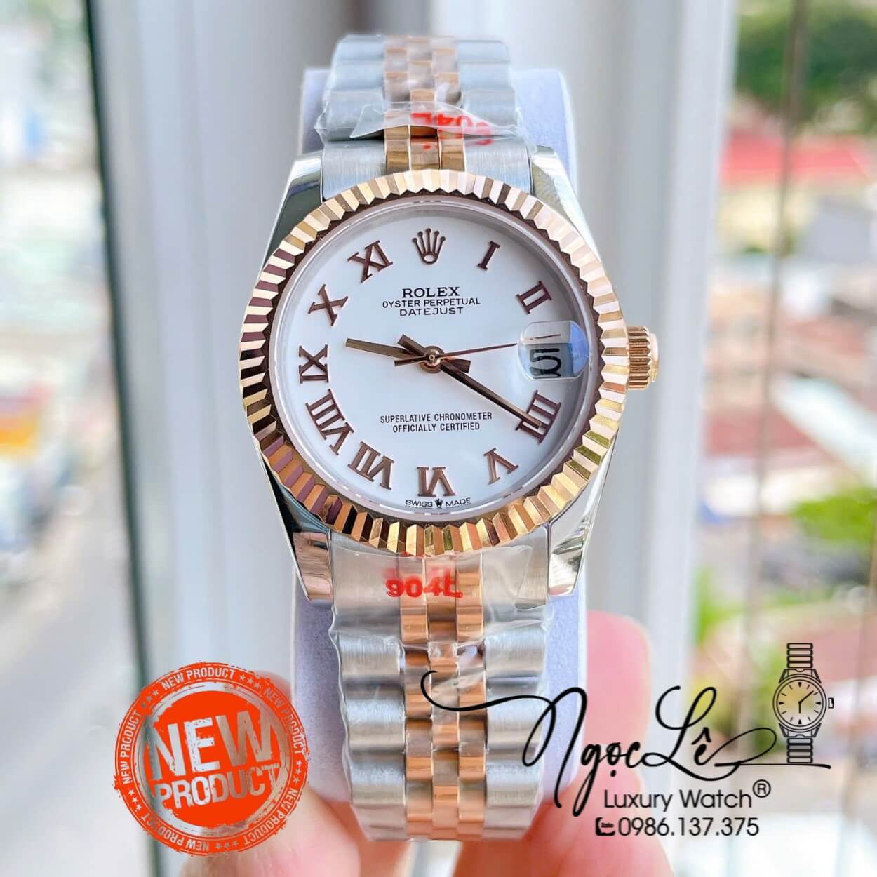 Đồng Hồ Nữ Rolex Datejust Máy Cơ Tự Động Dây Kim Loại Demi Rose Mặt Trắng Niềng Khía Size 31mm