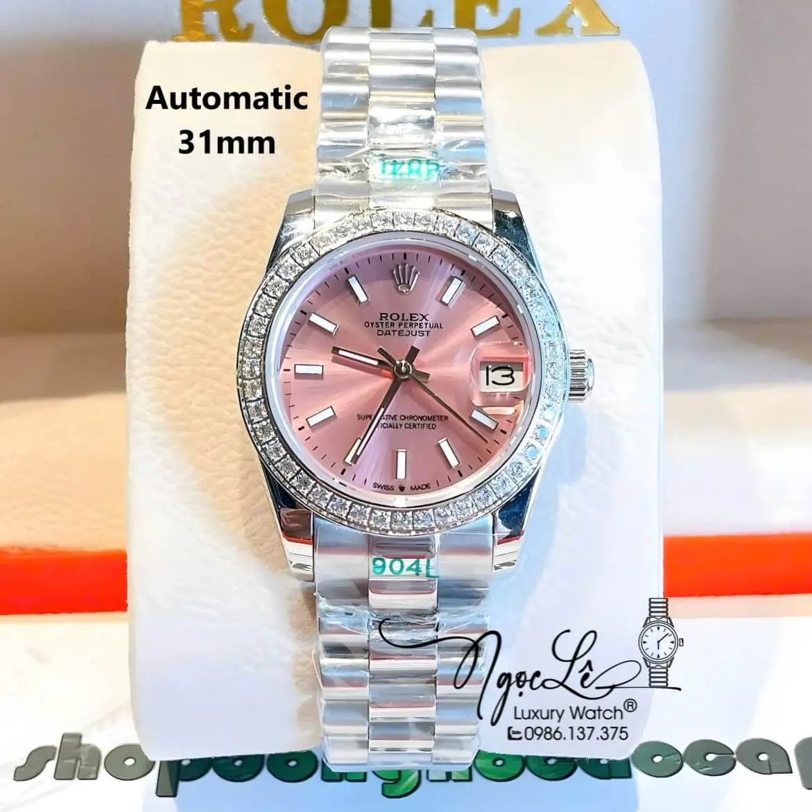 Đồng Hồ Nữ Rolex Datejust Máy Cơ Tự Động Màu Bạc Mặt Hồng Đính Đá Size 31mm Phản Quang