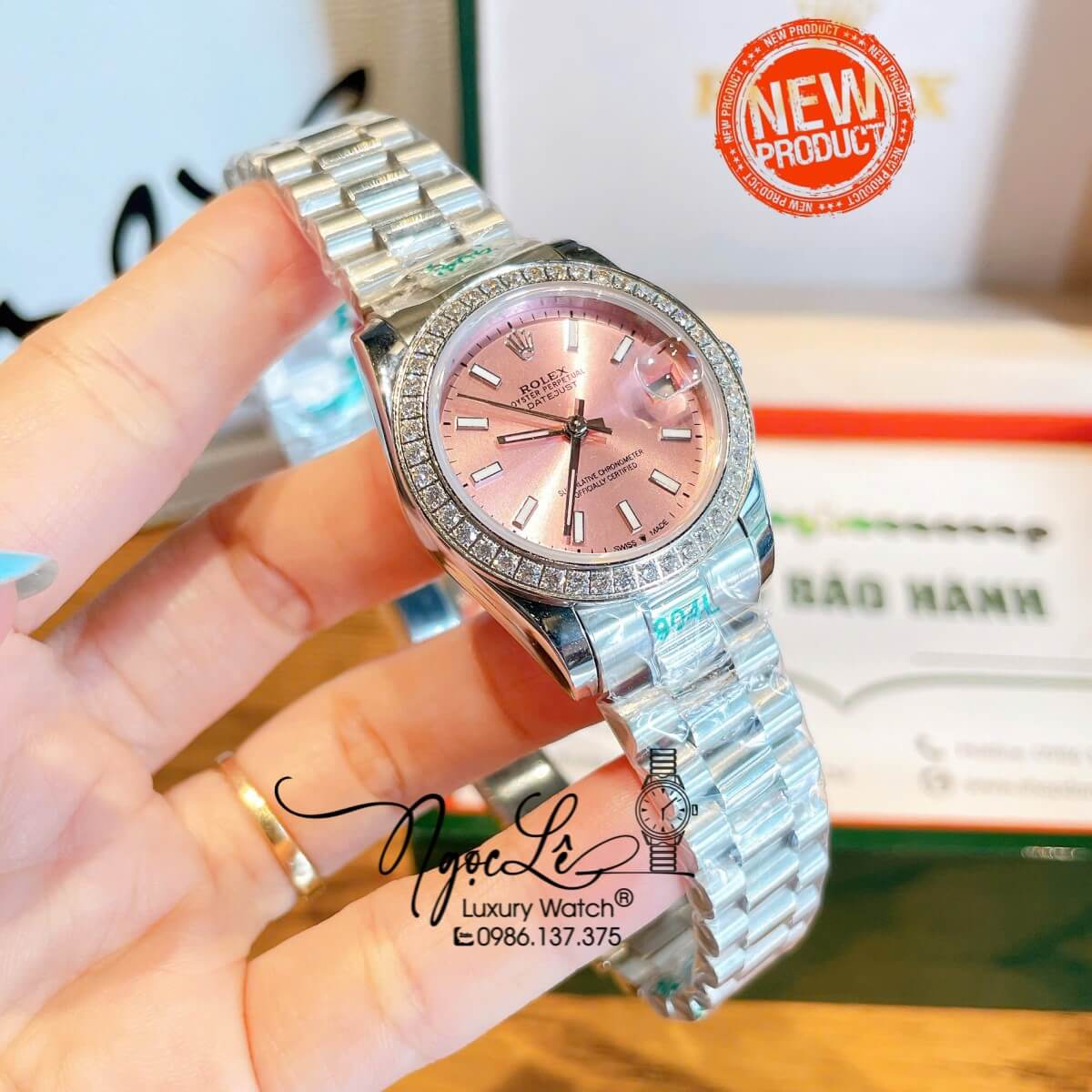Đồng Hồ Nữ Rolex Datejust Máy Cơ Tự Động Màu Bạc Mặt Hồng Đính Đá Size 31mm Phản Quang