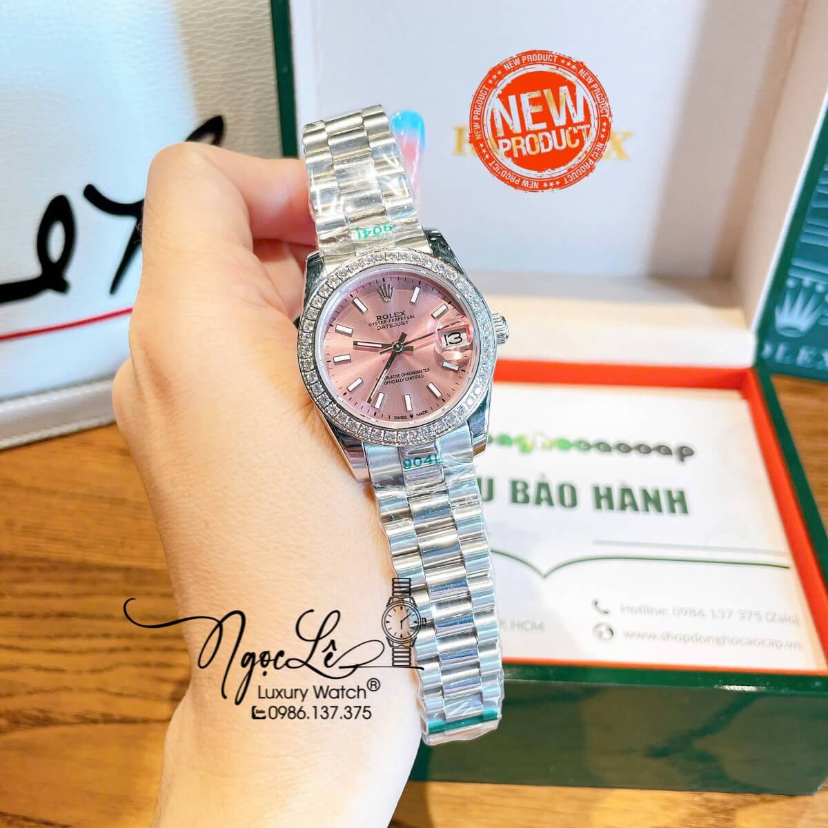 Đồng Hồ Nữ Rolex Datejust Máy Cơ Tự Động Màu Bạc Mặt Hồng Đính Đá Size 31mm Phản Quang