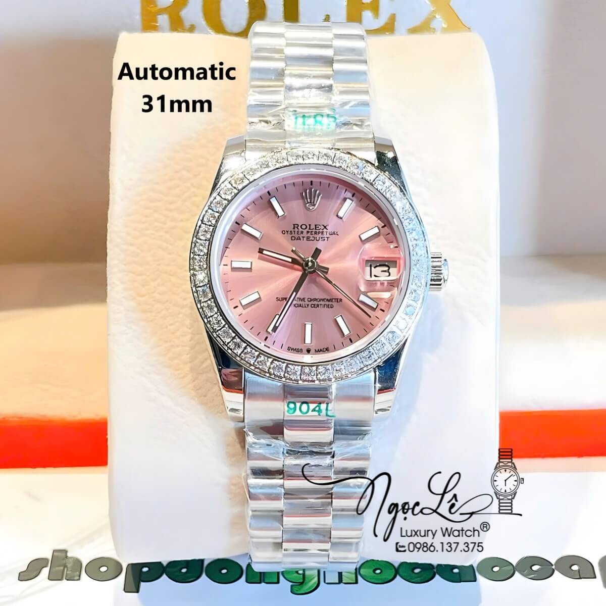 Đồng Hồ Nữ Rolex Datejust Máy Cơ Tự Động Màu Bạc Mặt Hồng Đính Đá Size 31mm Phản Quang