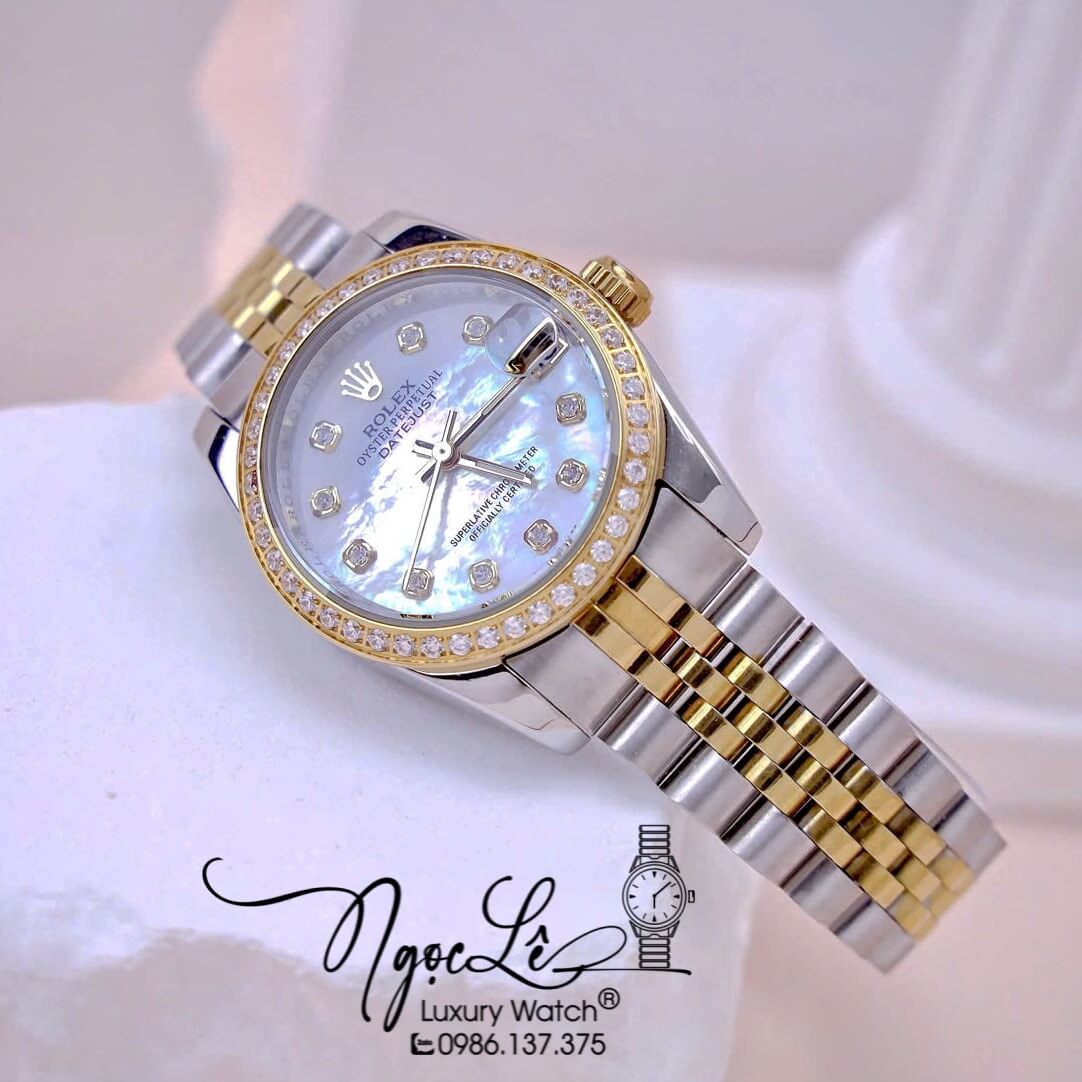 Đồng Hồ Nữ Rolex Datejust Máy Pin Dây Demi Gold Mặt Trắng Xà Cừ Đính Đá Size 31mm