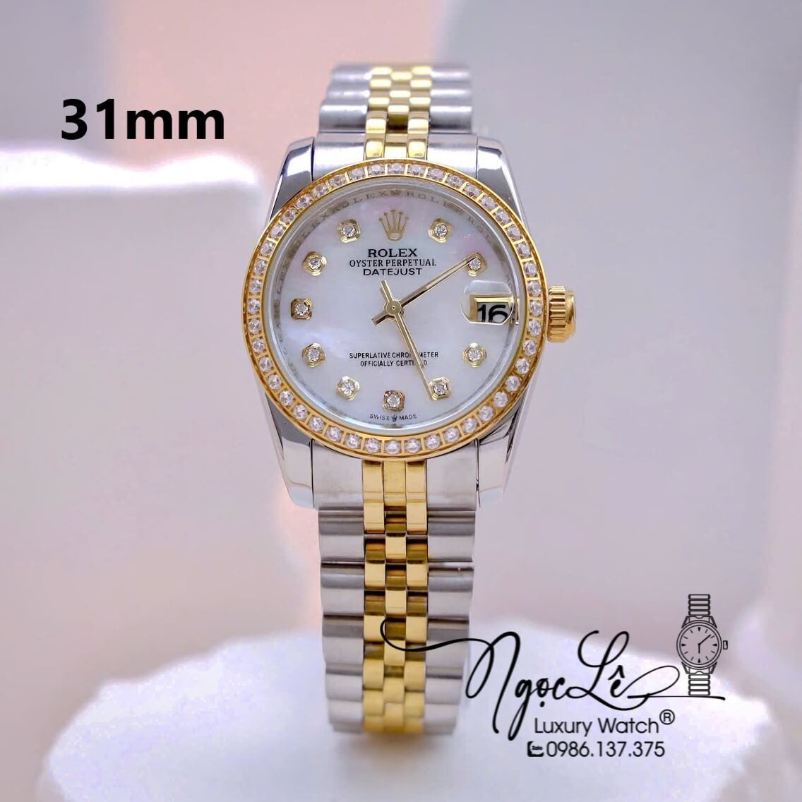 Đồng Hồ Nữ Rolex Datejust Máy Pin Dây Demi Gold Mặt Trắng Xà Cừ Đính Đá Size 31mm