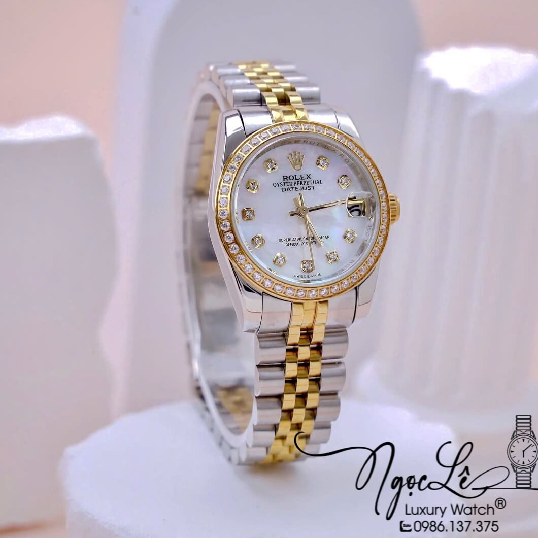 Đồng Hồ Nữ Rolex Datejust Máy Pin Dây Demi Gold Mặt Trắng Xà Cừ Đính Đá Size 31mm