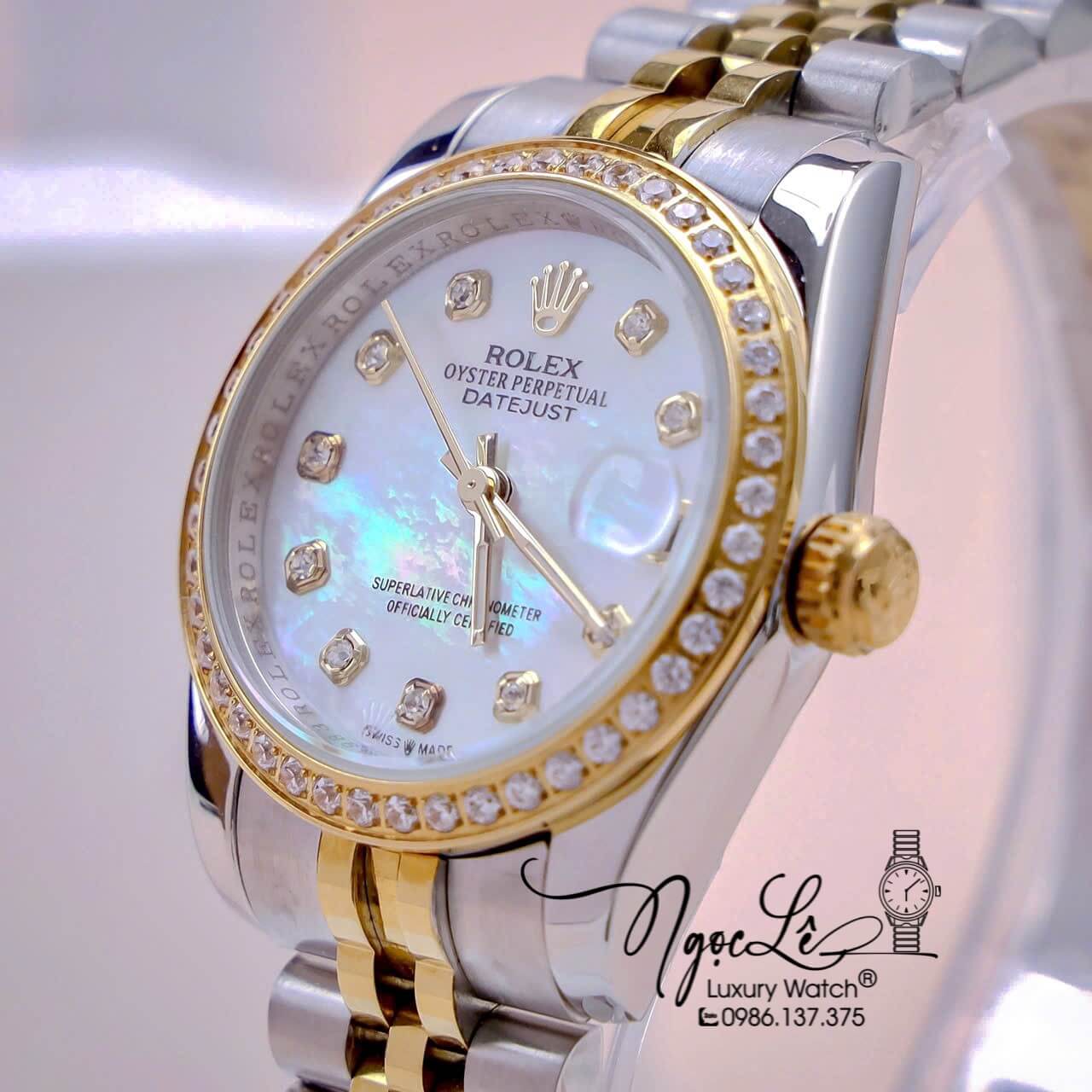 Đồng Hồ Nữ Rolex Datejust Máy Pin Dây Demi Gold Mặt Trắng Xà Cừ Đính Đá Size 31mm