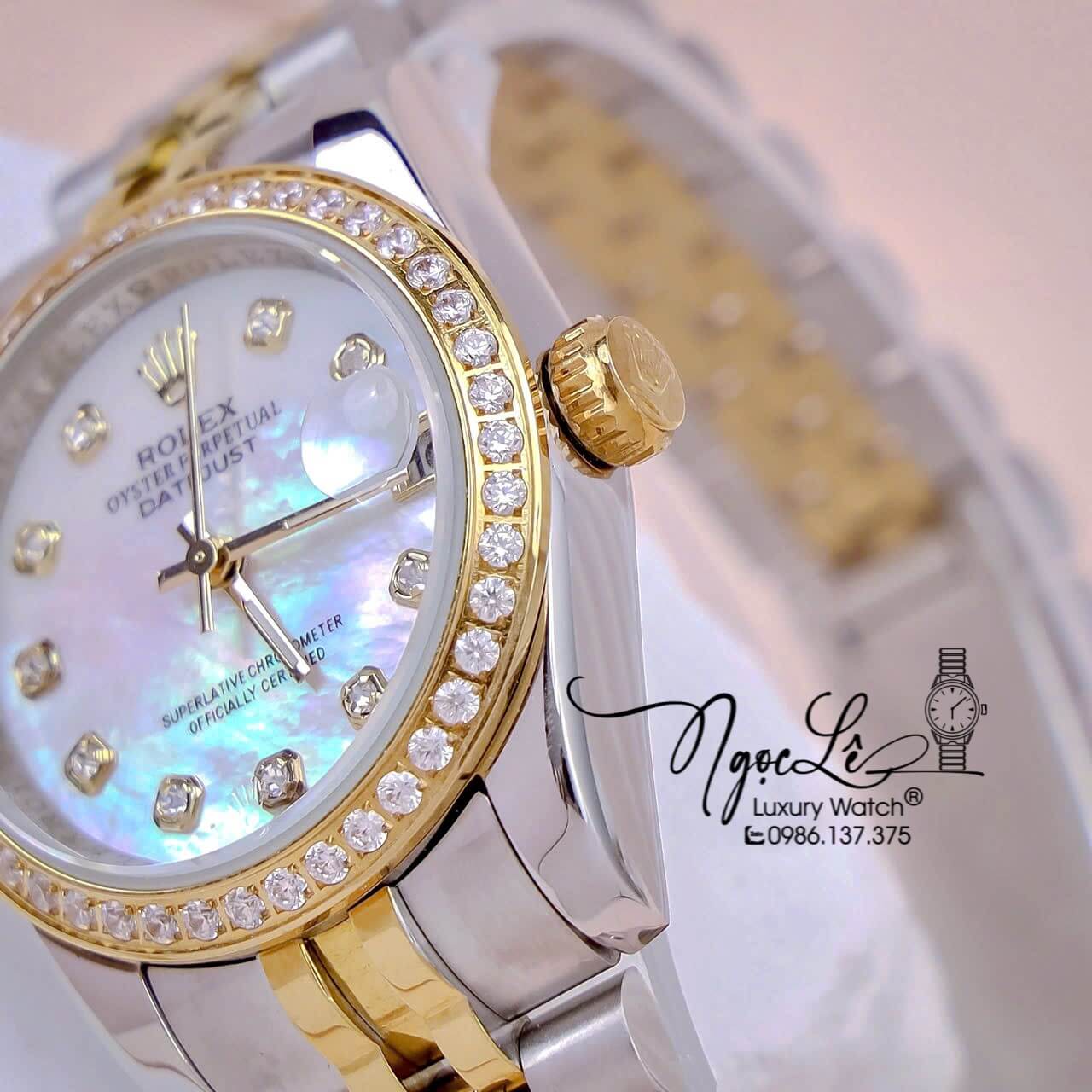 Đồng Hồ Nữ Rolex Datejust Máy Pin Dây Demi Gold Mặt Trắng Xà Cừ Đính Đá Size 31mm