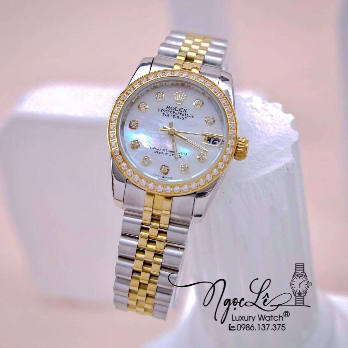 Đồng Hồ Nữ Rolex Datejust Máy Pin Dây Demi Gold Mặt Trắng Xà Cừ Đính Đá Size 31mm