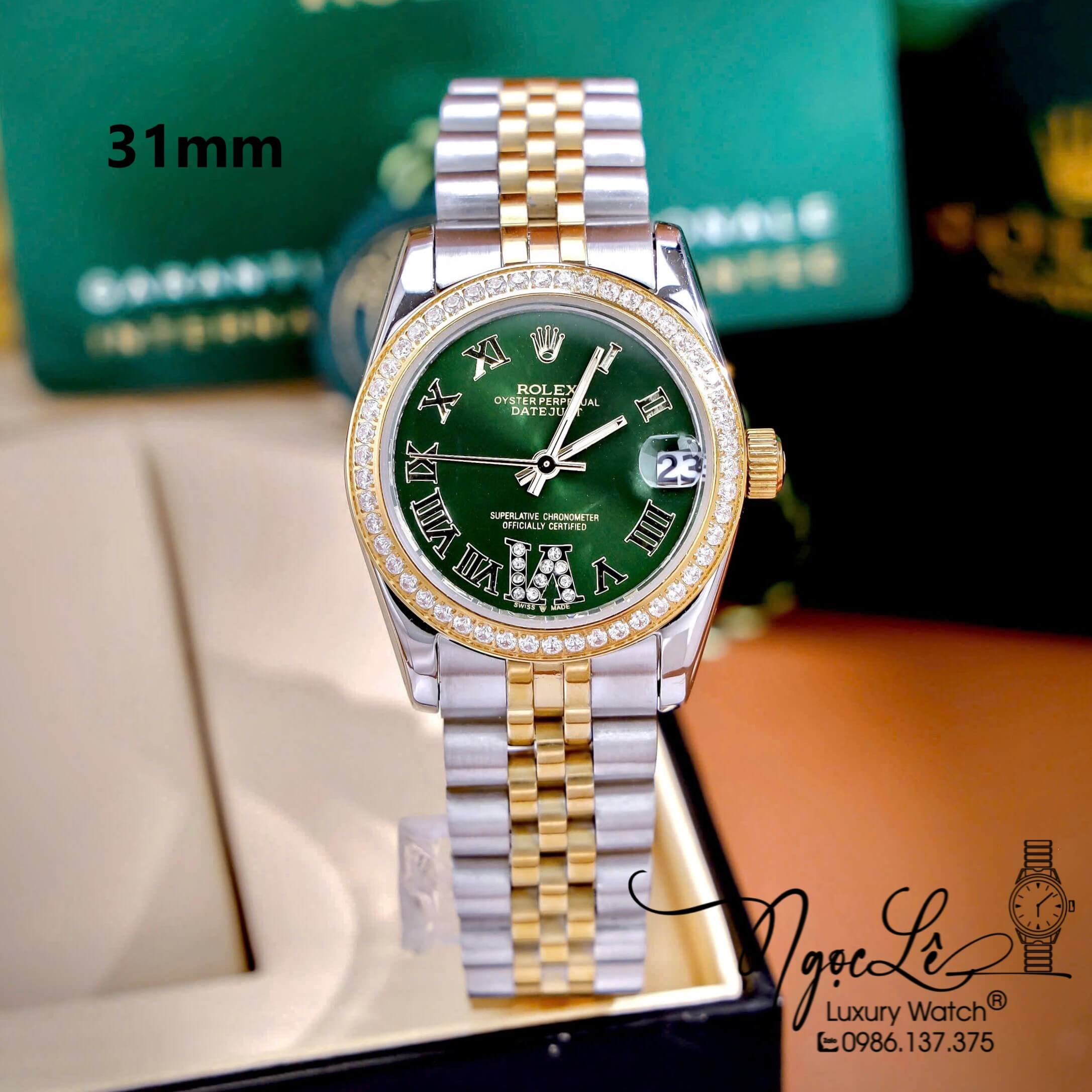 Đồng Hồ Nữ Rolex Datejust Máy Pin Dây Demi Gold Mặt Xanh Oliu Đính Đá Size 31mm