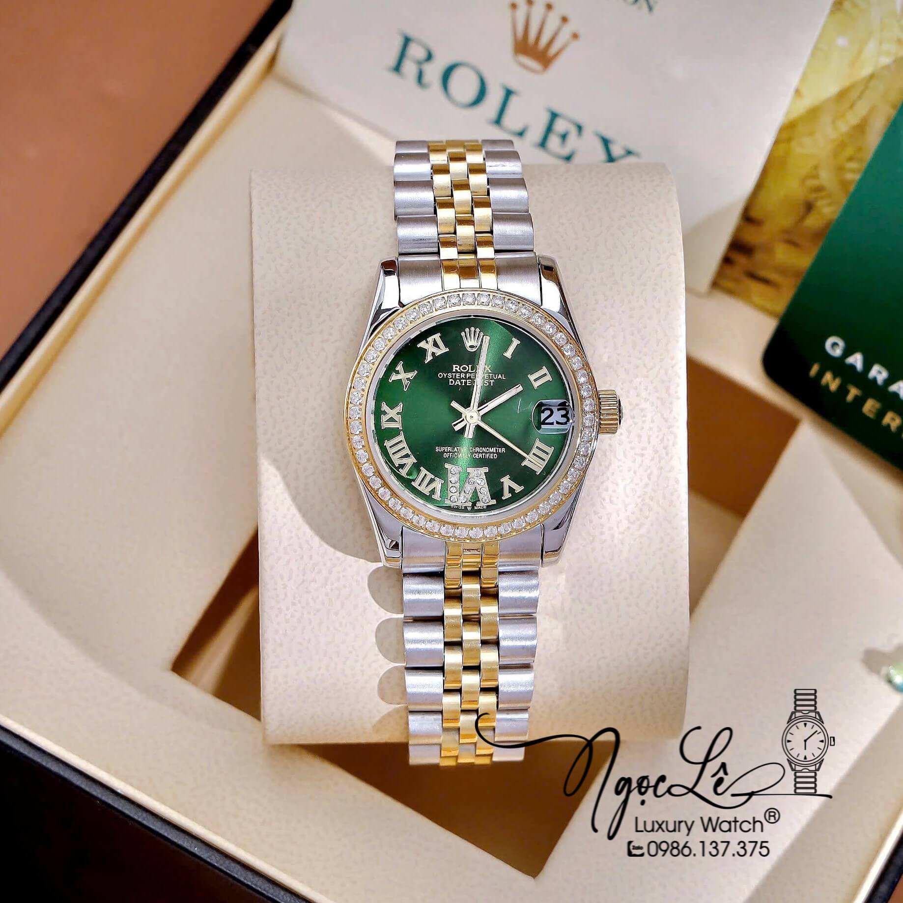 Đồng Hồ Nữ Rolex Datejust Máy Pin Dây Demi Gold Mặt Xanh Oliu Đính Đá Size 31mm