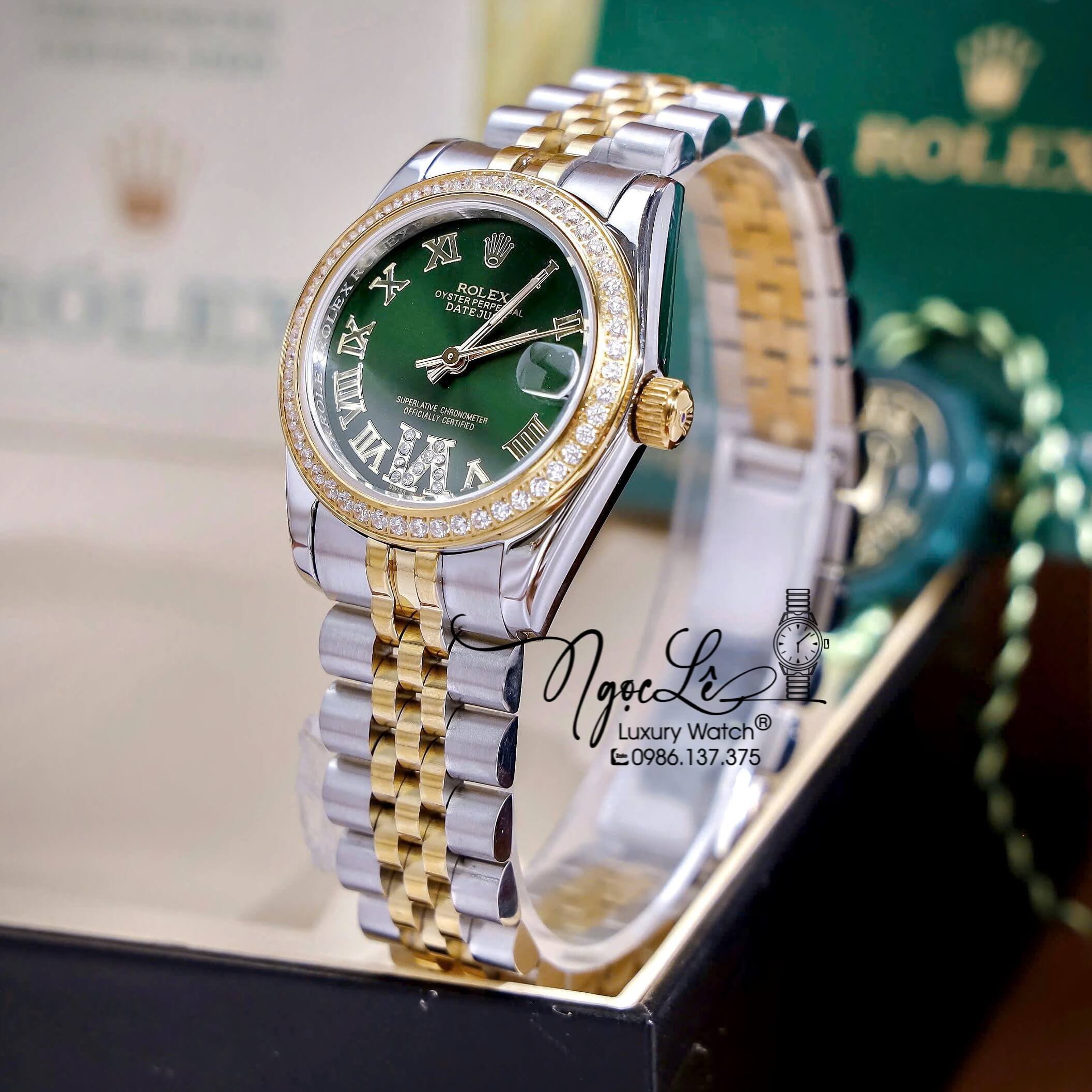 Đồng Hồ Nữ Rolex Datejust Máy Pin Dây Demi Gold Mặt Xanh Oliu Đính Đá Size 31mm