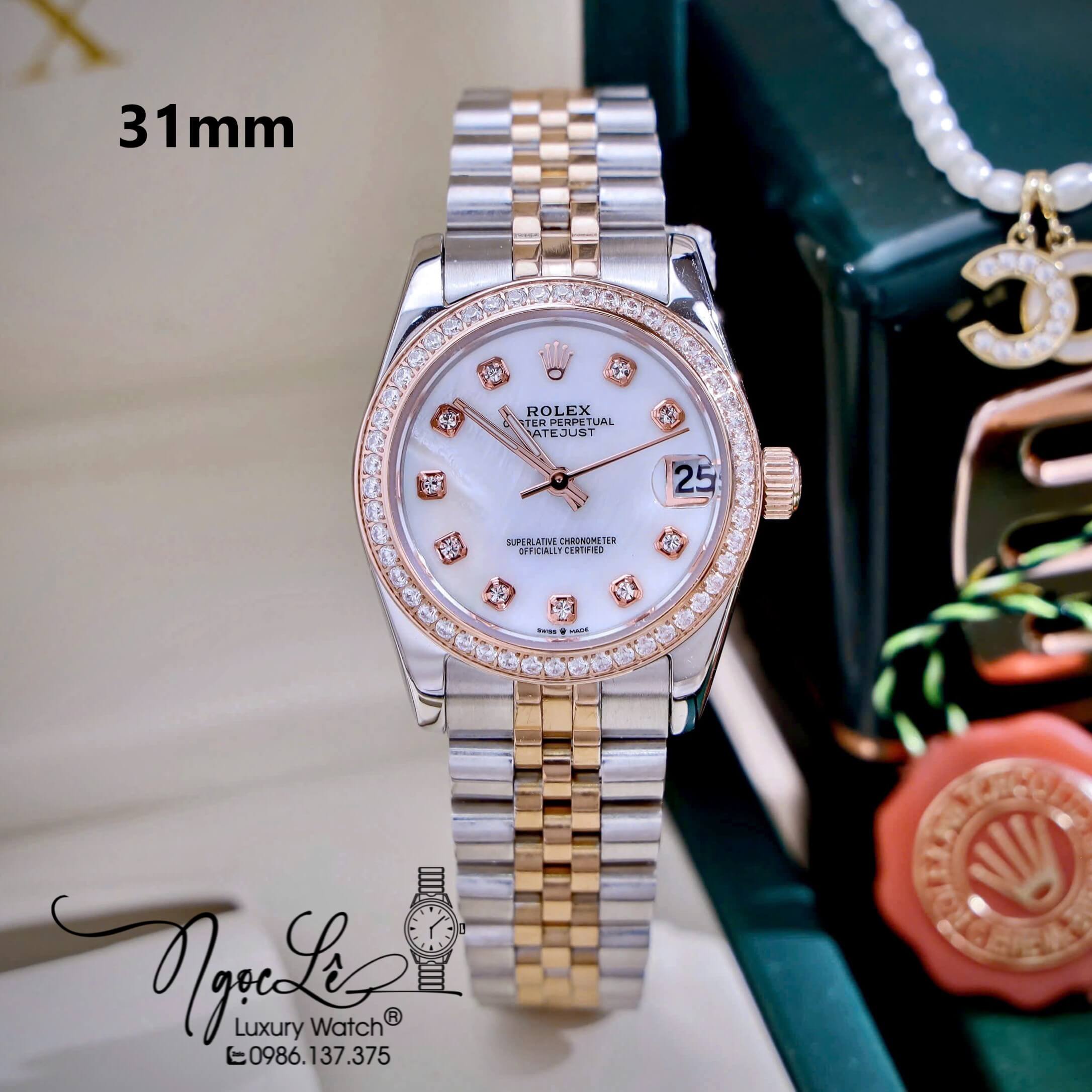 Đồng Hồ Nữ Rolex Datejust Máy Pin Dây Demi Rose Mặt Trắng Xà Cừ Đính Đá Size 31mm