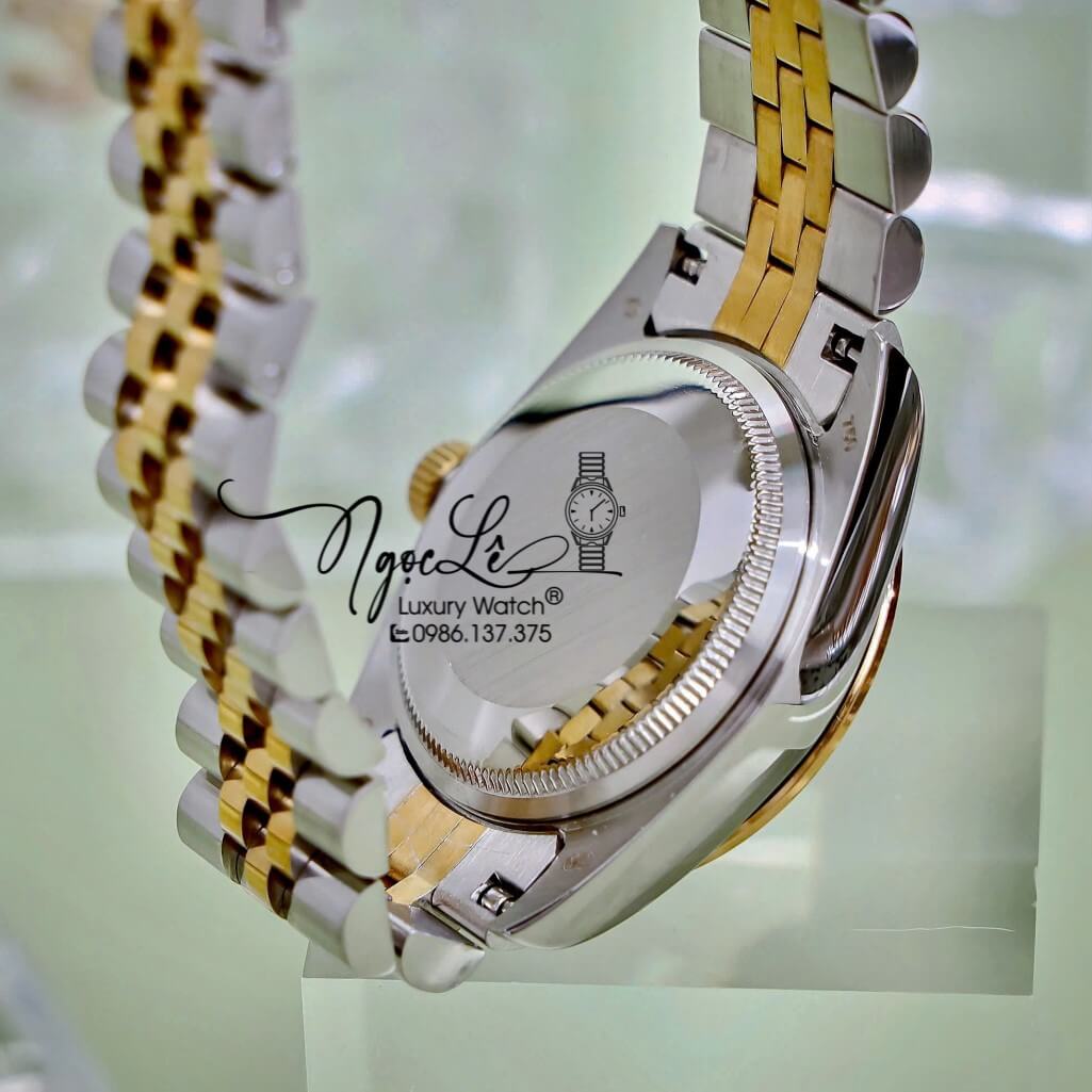 Đồng Hồ Nữ Rolex Datejust Máy Pin Dây Demi Vàng Mặt Hoa Đồng Tiền Xanh Đính Đá Size 31mm